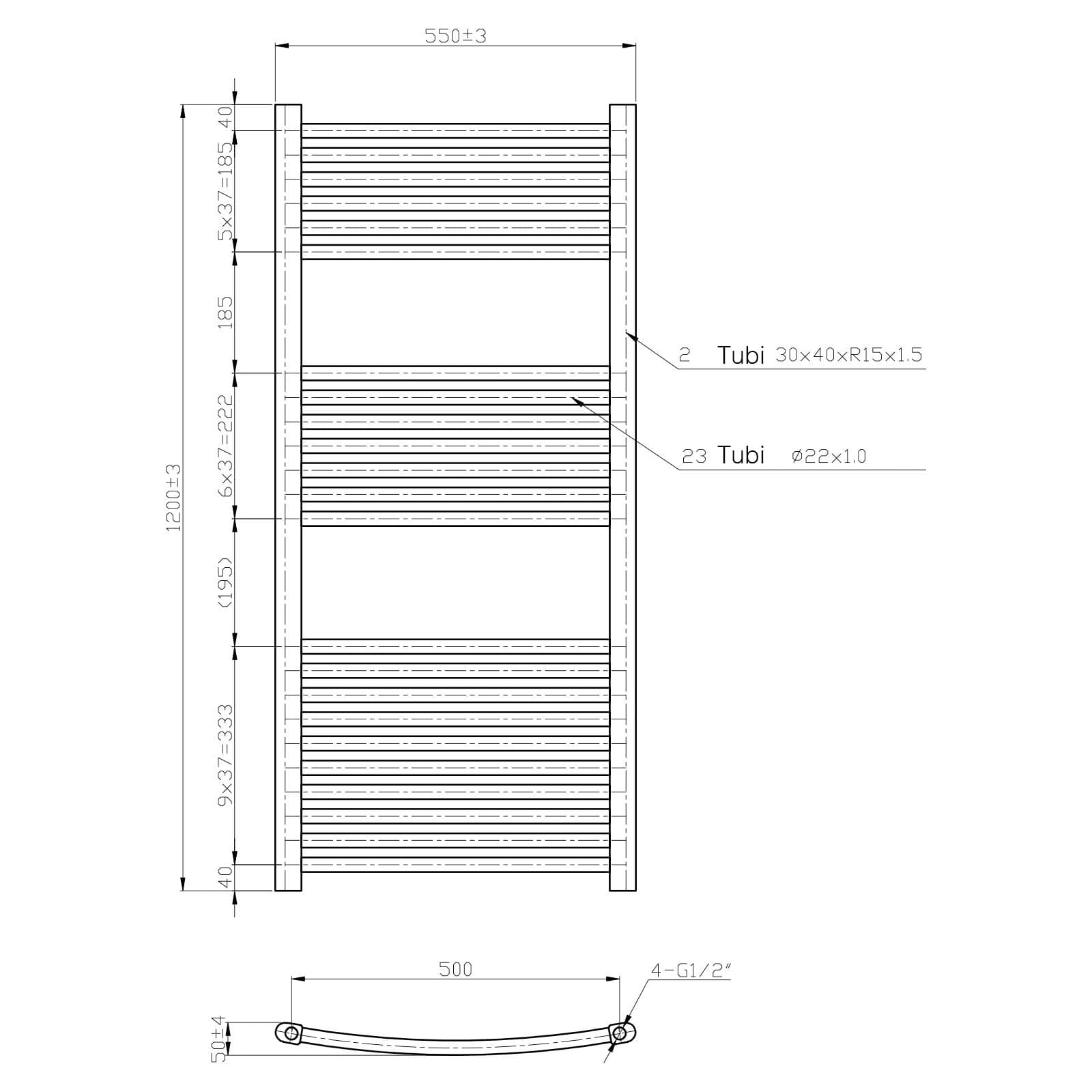 Termoarredo scaldasalviette 1200x550 cromo curvo interasse 500 mm - Alpina