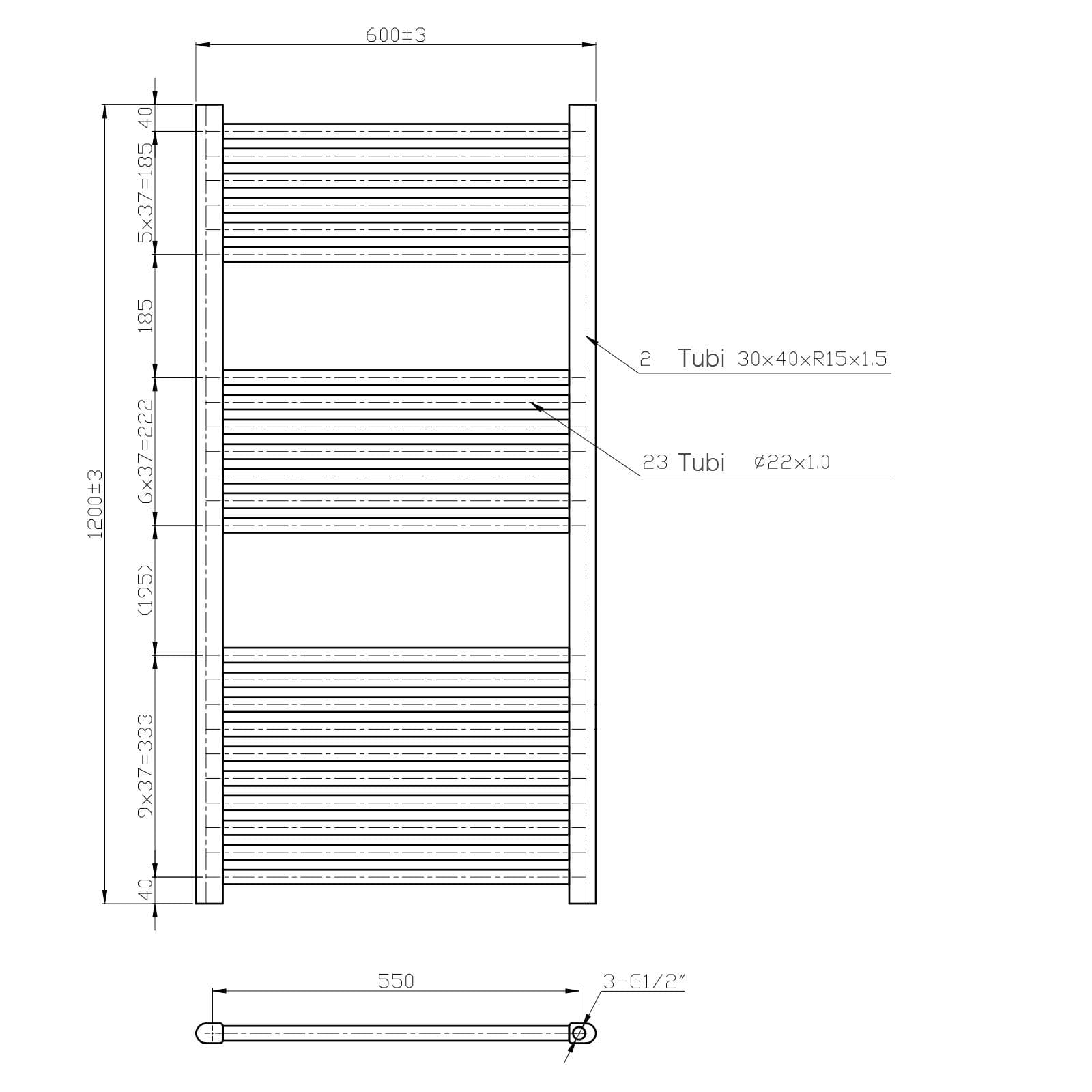 Termoarredo scaldasalviette 1200x600 bianco interasse 550 mm - Alpina