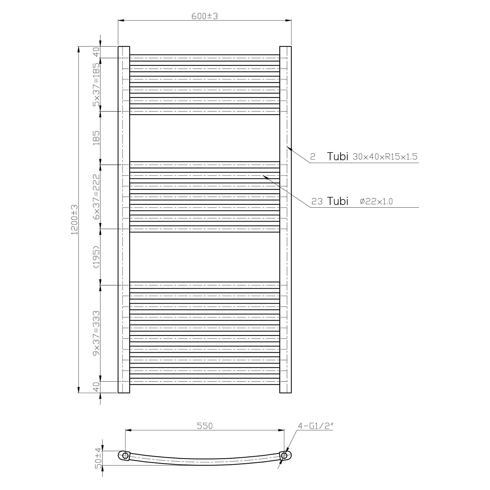 Termoarredo scaldasalviette 1200x600 cromato curvo 550 mm - Alpina