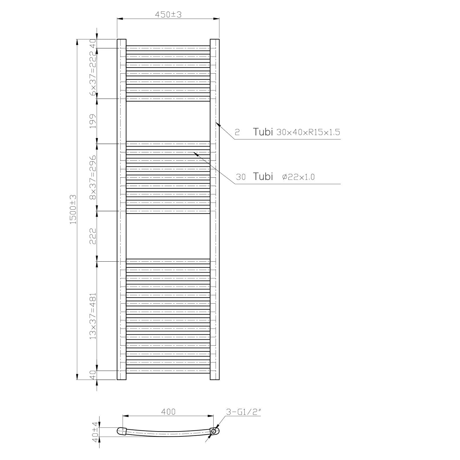 Termoarredo scaldasalviette 1500x450 bianco curvo interasse 400 mm - Alpina