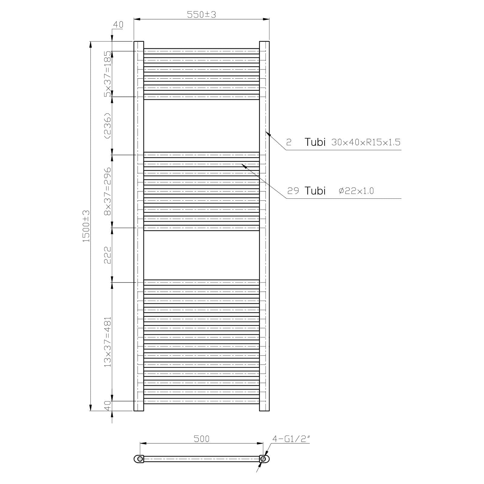 Termoarredo scaldasalviette 1500x550 cromato interasse 500 mm - Alpina