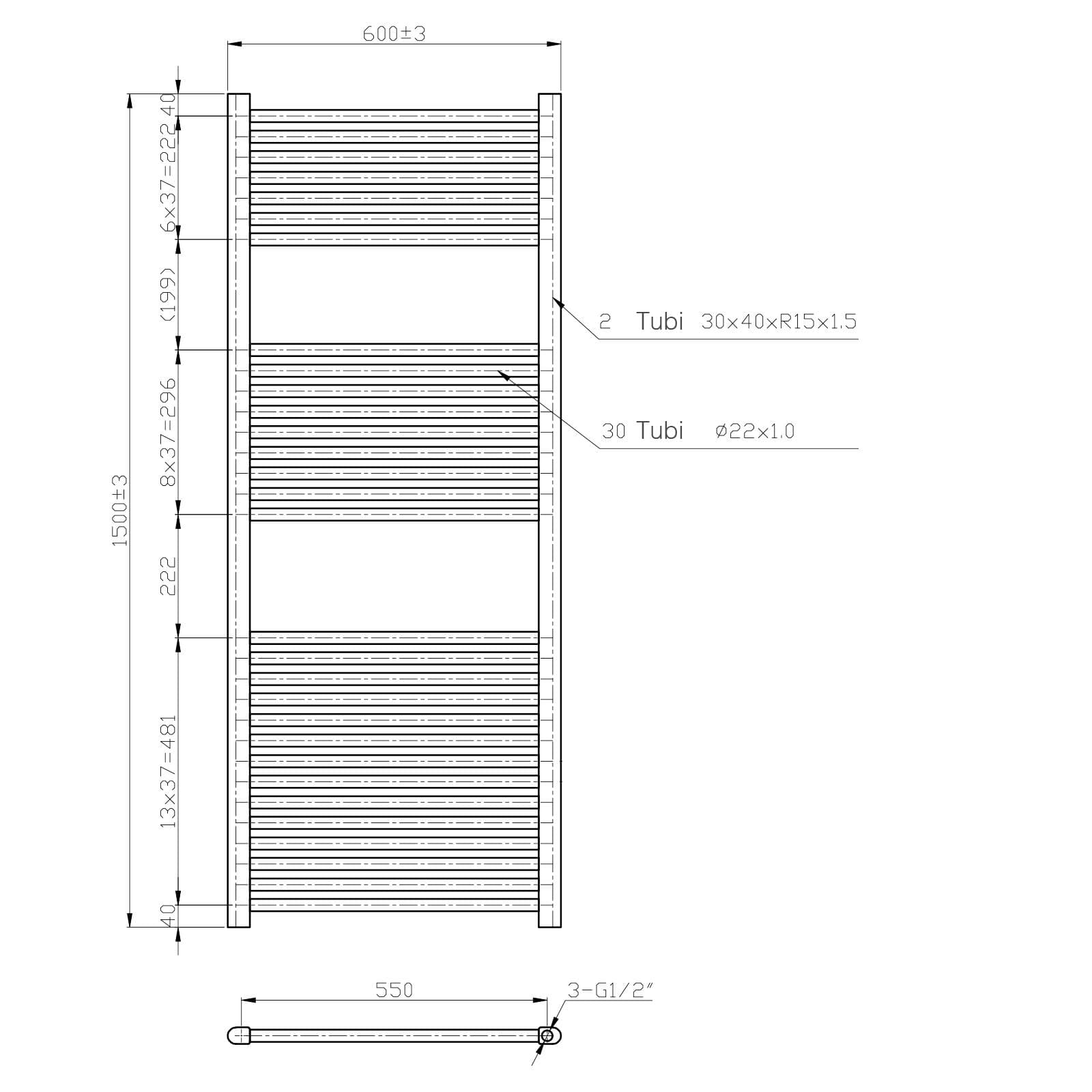Termoarredo scaldasalviette 1500x600 bianco interasse 550 mm - Alpina