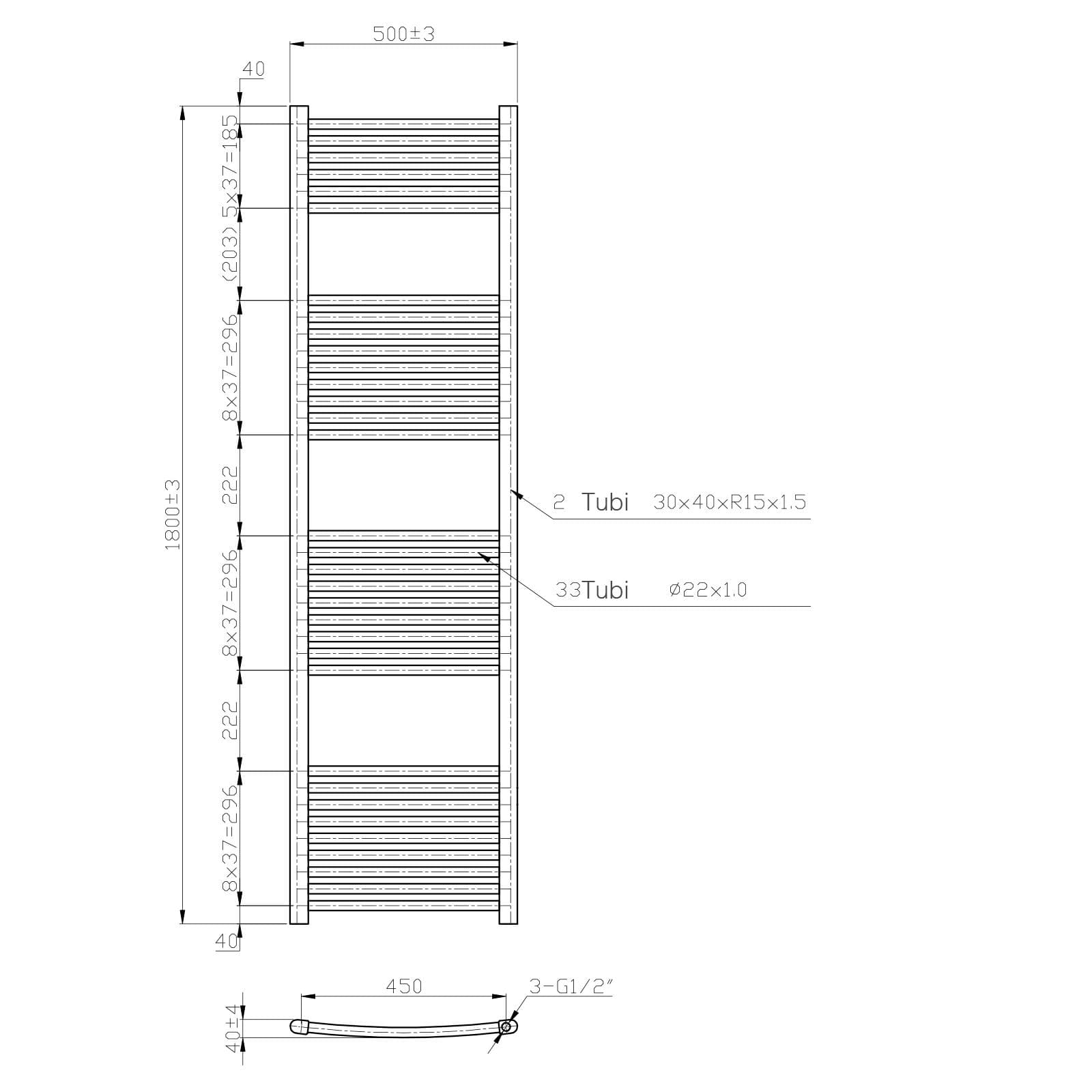 Termoarredo scaldasalviette 1800x500 bianco curvo interasse 450 mm - Alpina
