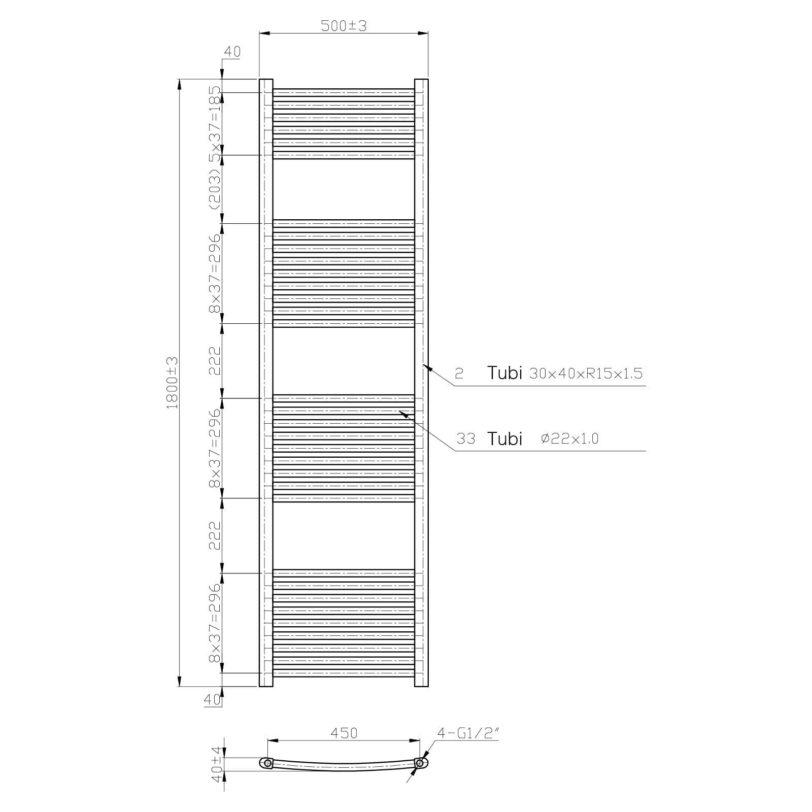 Termoarredo scaldasalviette 1800x500 cromato curvo interasse 450 mm - Alpina