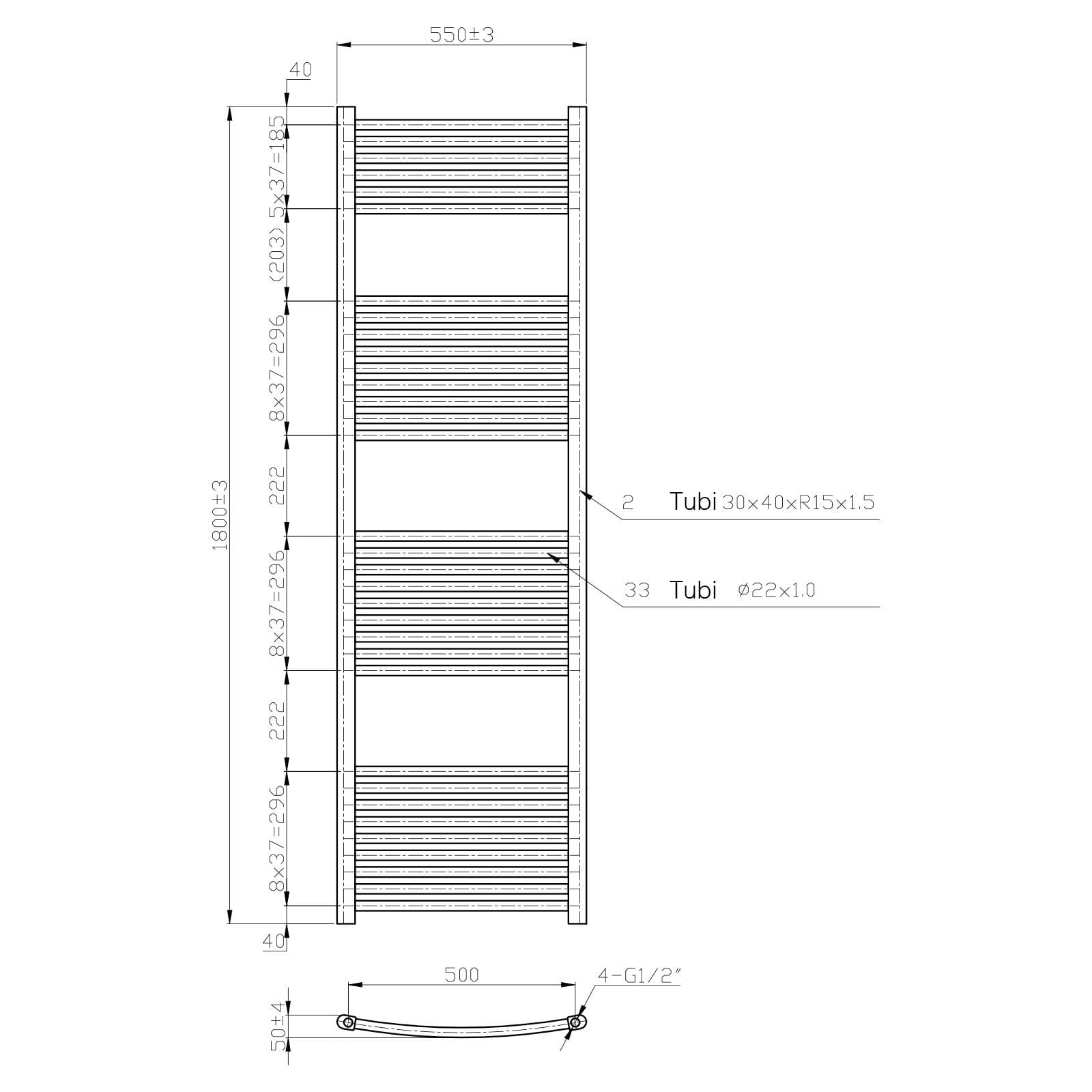 Termoarredo scaldasalviette 1800x550 cromo curvo interasse 500 mm - Alpina