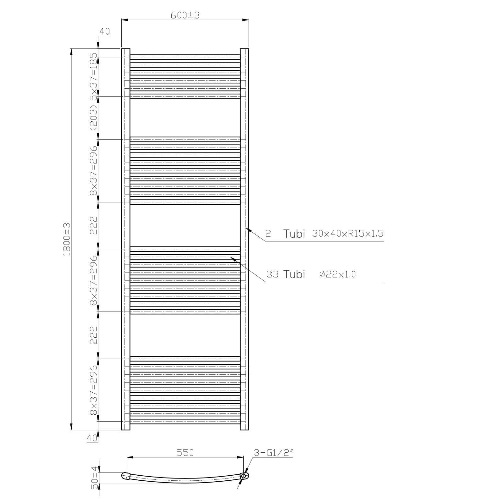 Termoarredo scaldasalviette 1800x600 bianco curvo interasse 550 mm - Alpina