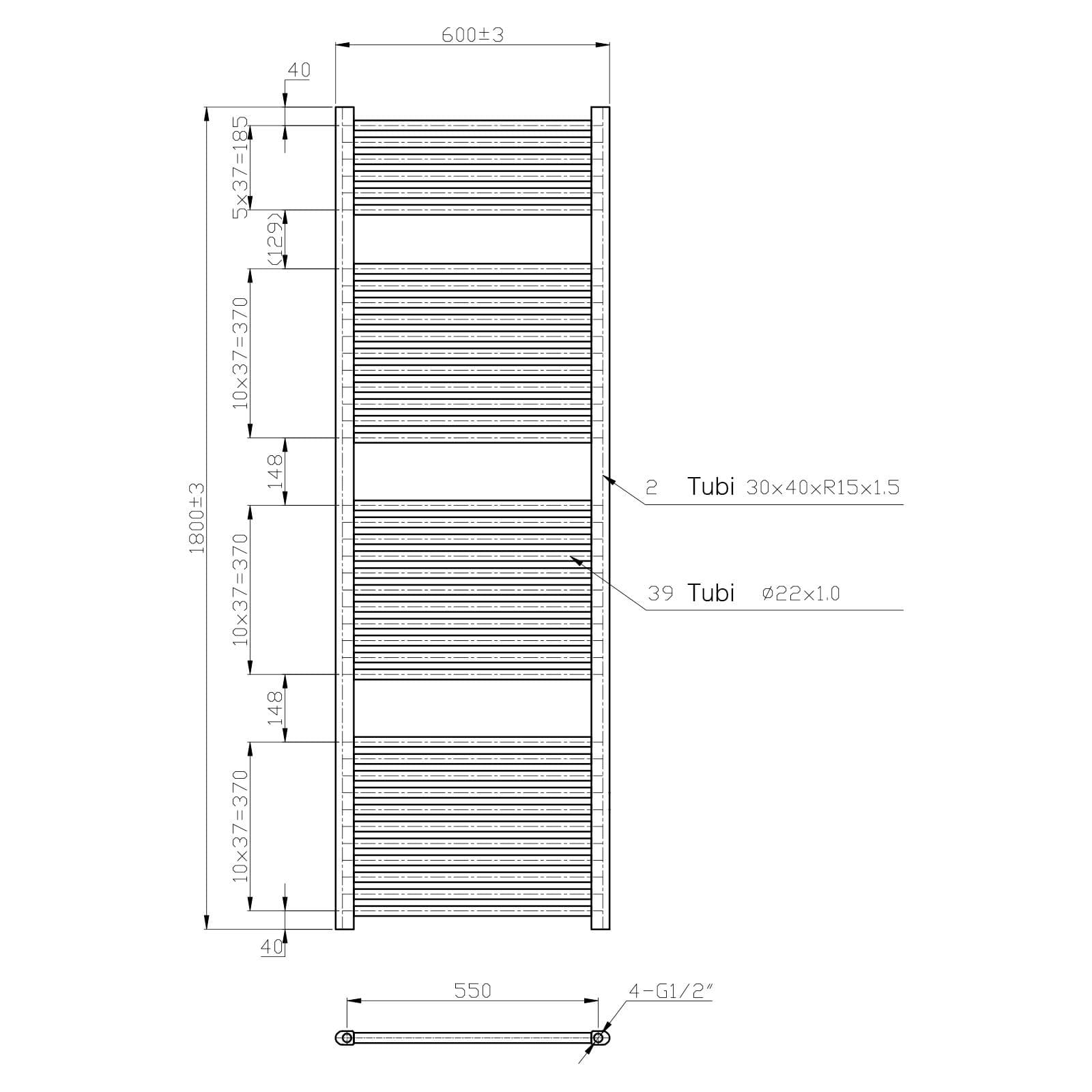 Termoarredo scaldasalviette 1800x600 cromato interasse 550 mm - Alpina
