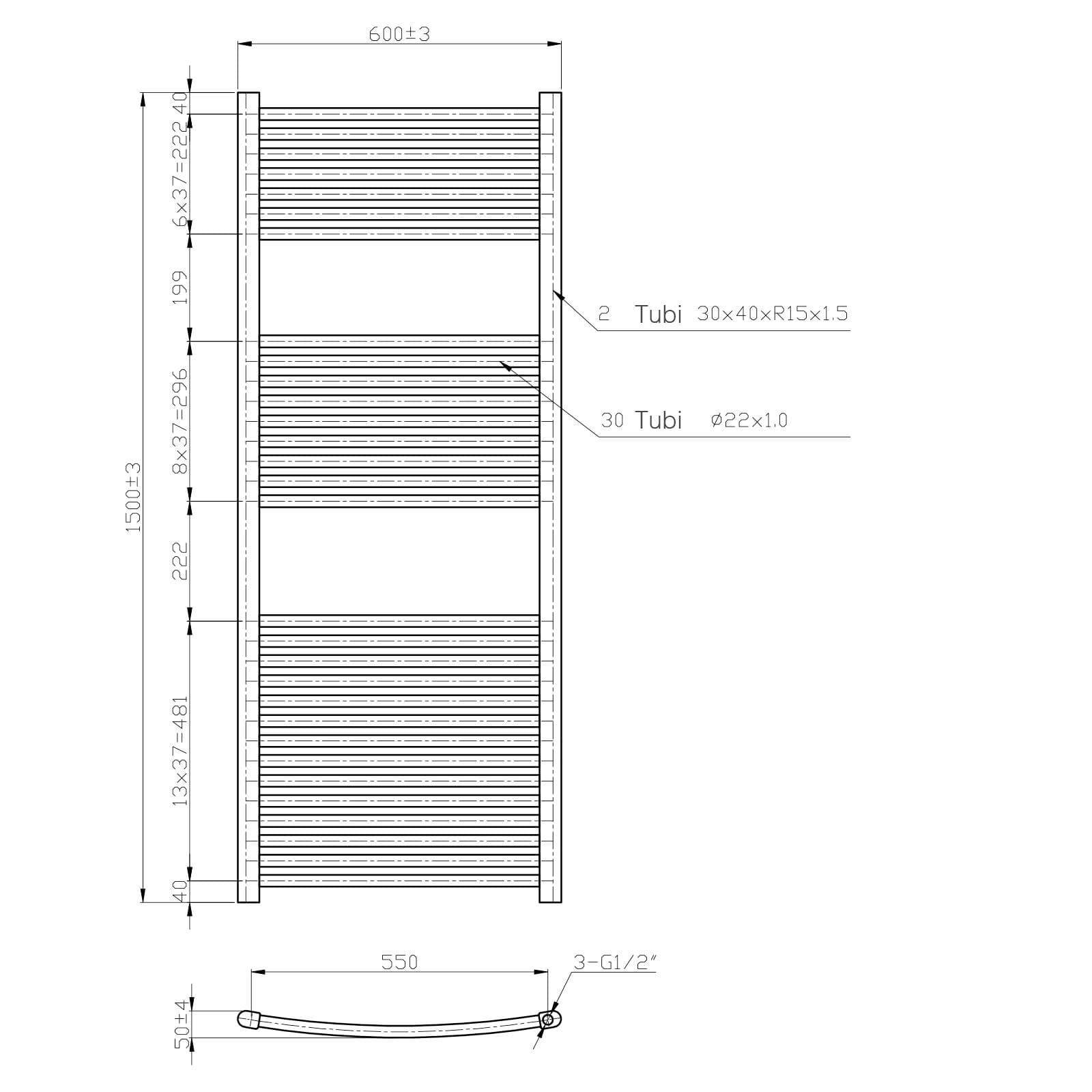 Termoarredo scaldasalviette 1500x600 bianco curvo interasse 550 mm - Alpina