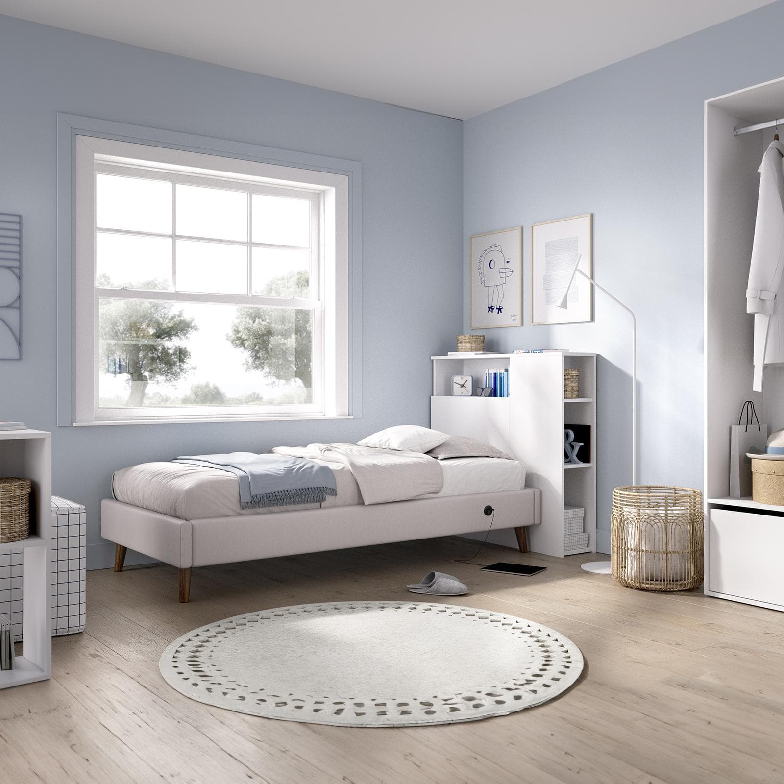 Testata 97x95h cm in legno bianco con vani a giorno - Kygo
