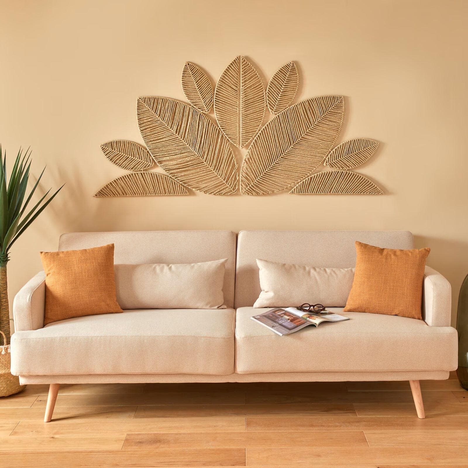 Decorazione da parete 160x80h cm intrecciata beige a forma foglie