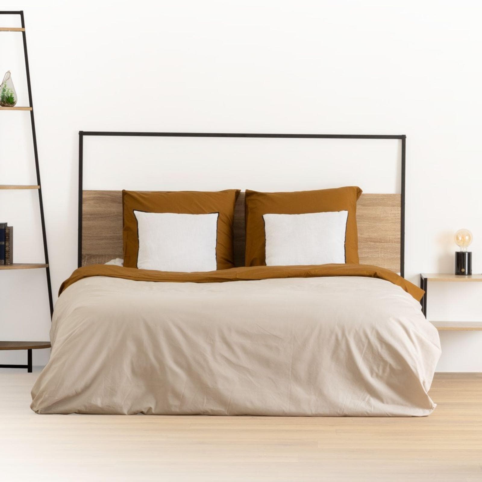 Testata per letto matrimoniale 165x120h cm in acciaio nero ed effetto rovere - Emyl