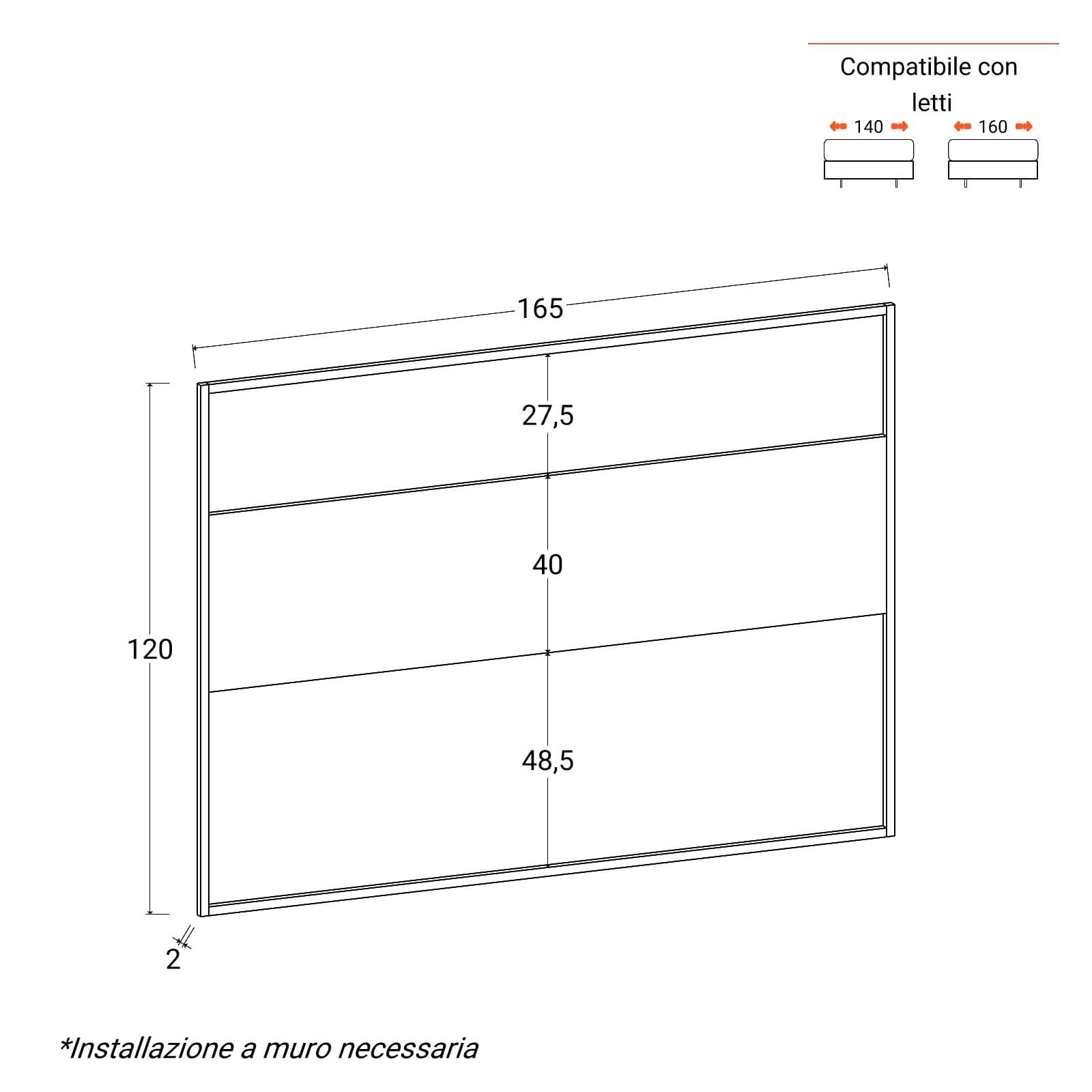 Testata per letto matrimoniale 165x120h cm in acciaio nero ed effetto rovere - Emyl