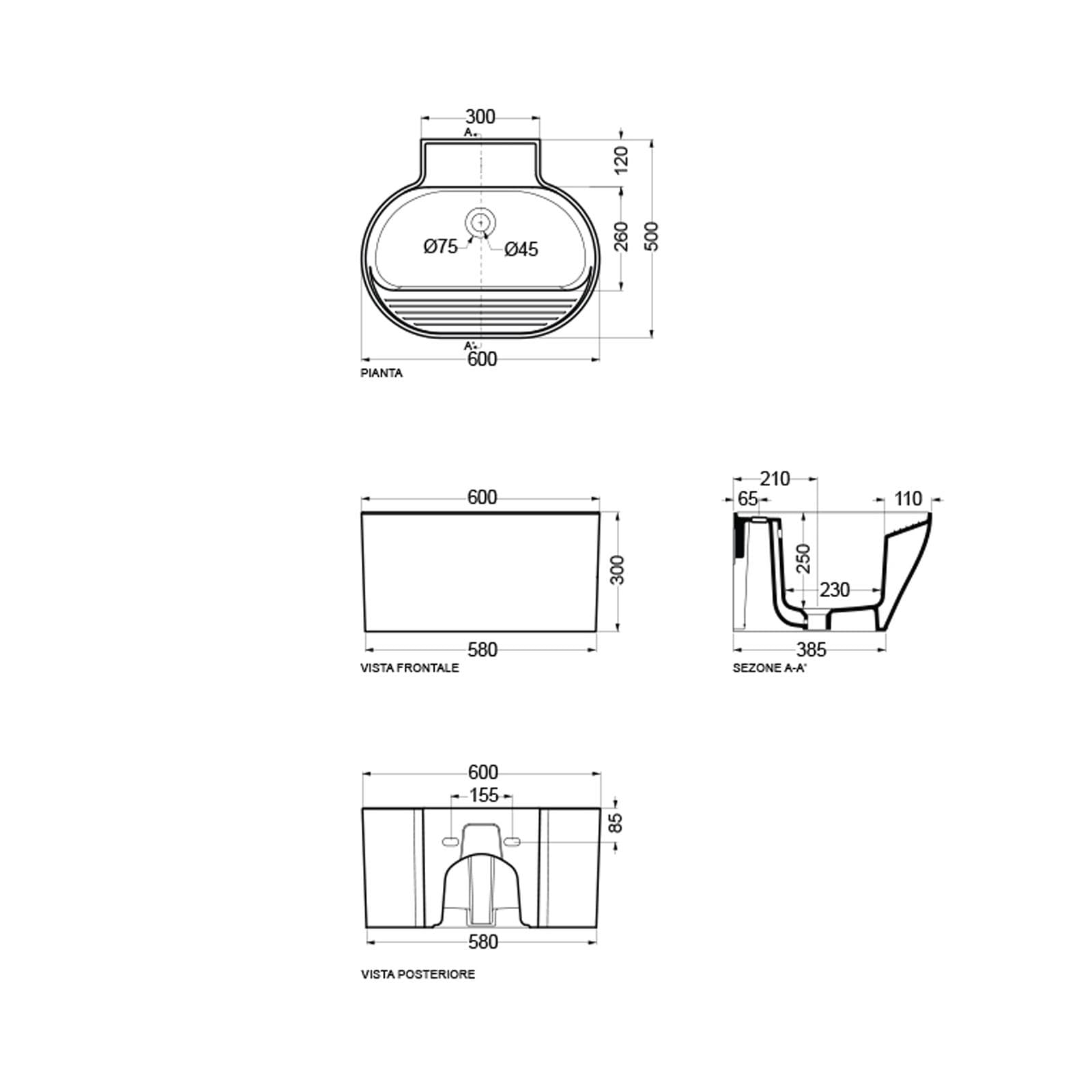 Tino Colavene lavabo/lavello per bagno lavanderia o esterno vinaccia opaco sospeso o appoggio 60x50x30h cm