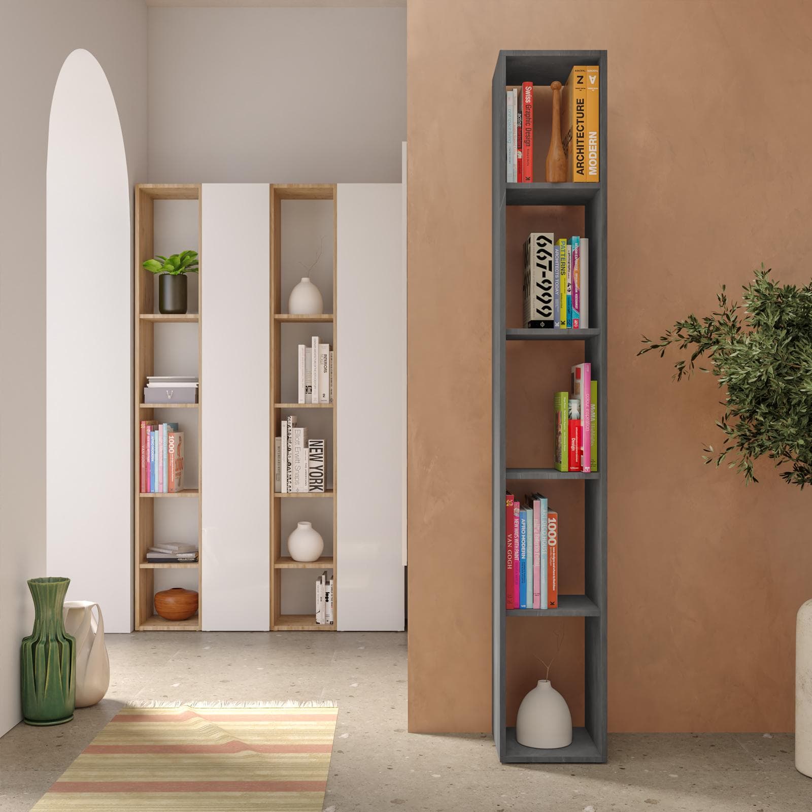 Libreria 28x185h cm piombo con 4 ripiani regolabili in altezza - Clary