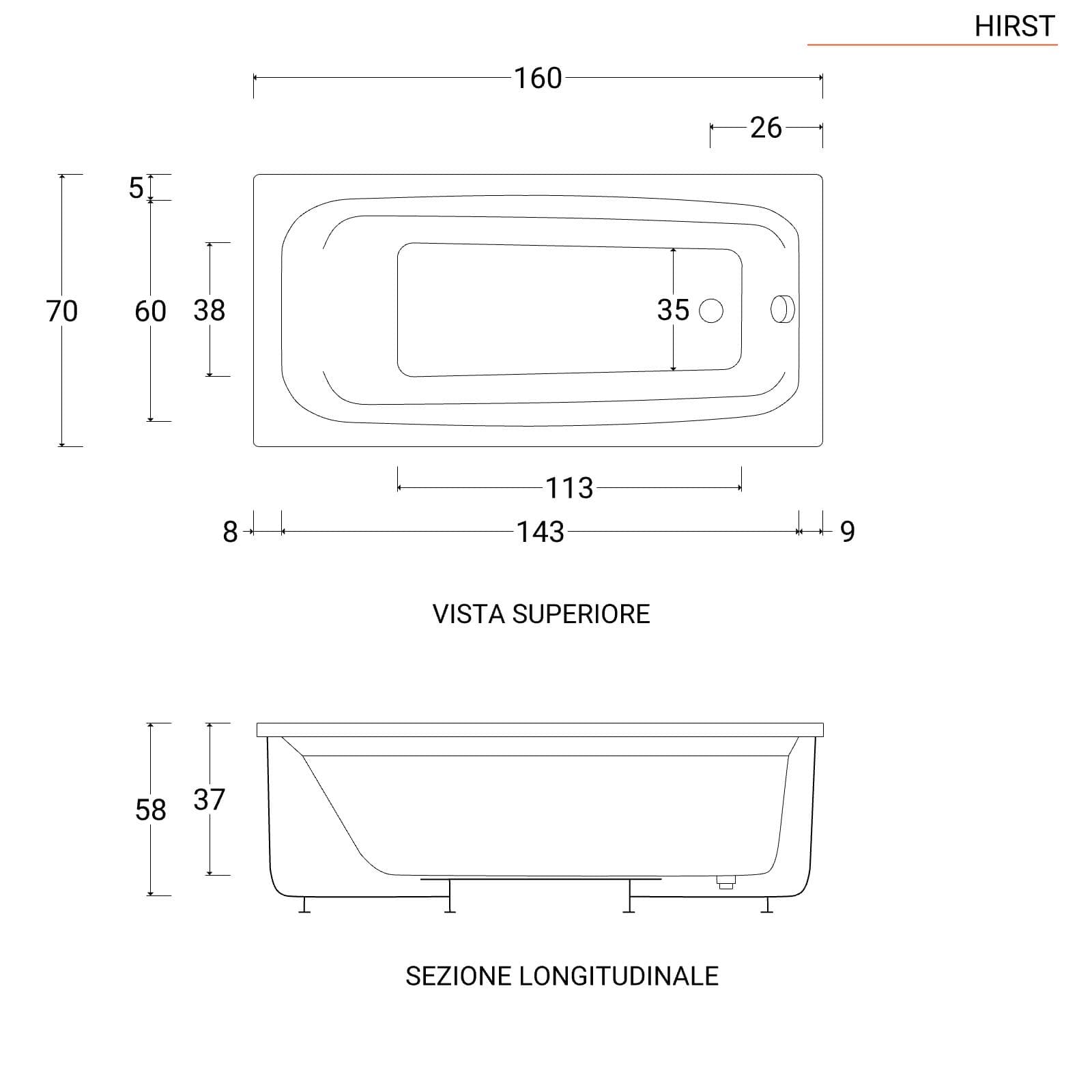 Vasca da bagno reversibile 160 x 70 cm in acrilico 3 lati - Hirst