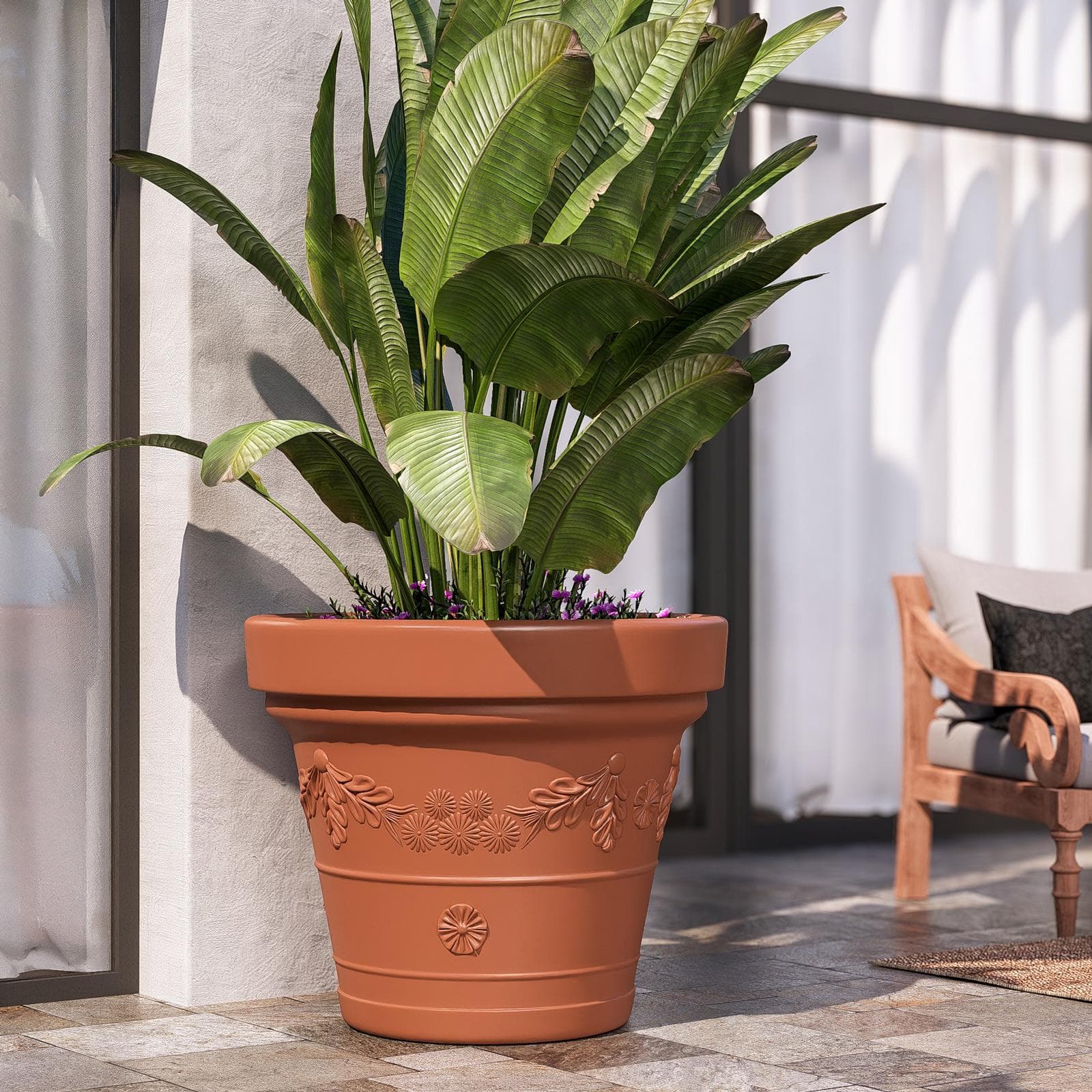 Vaso da esterno rotondo 100 cm festonato tutta capienza in polietilene terracotta - Fester