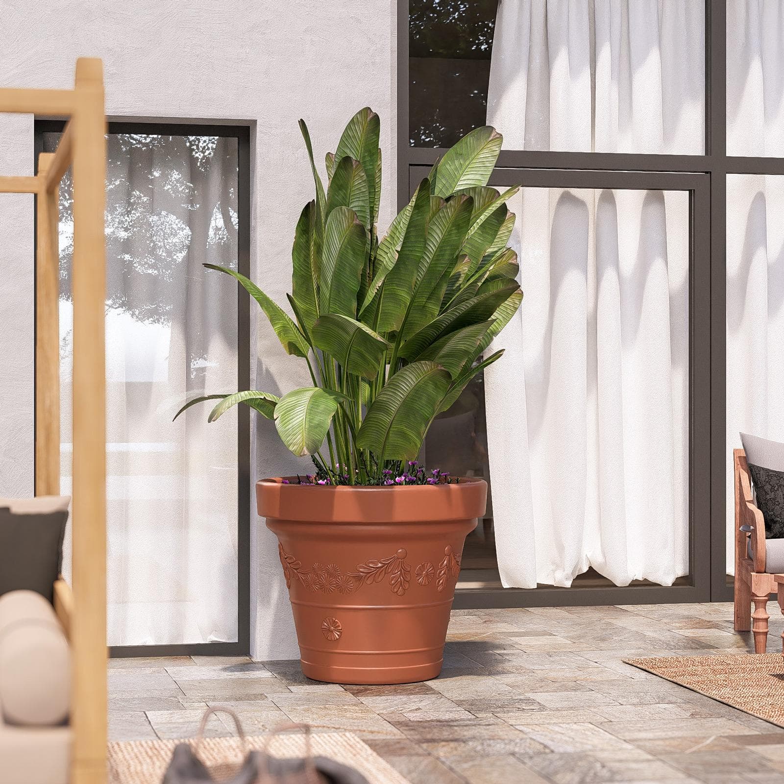 Vaso da esterno rotondo 100 cm festonato tutta capienza in polietilene terracotta - Fester