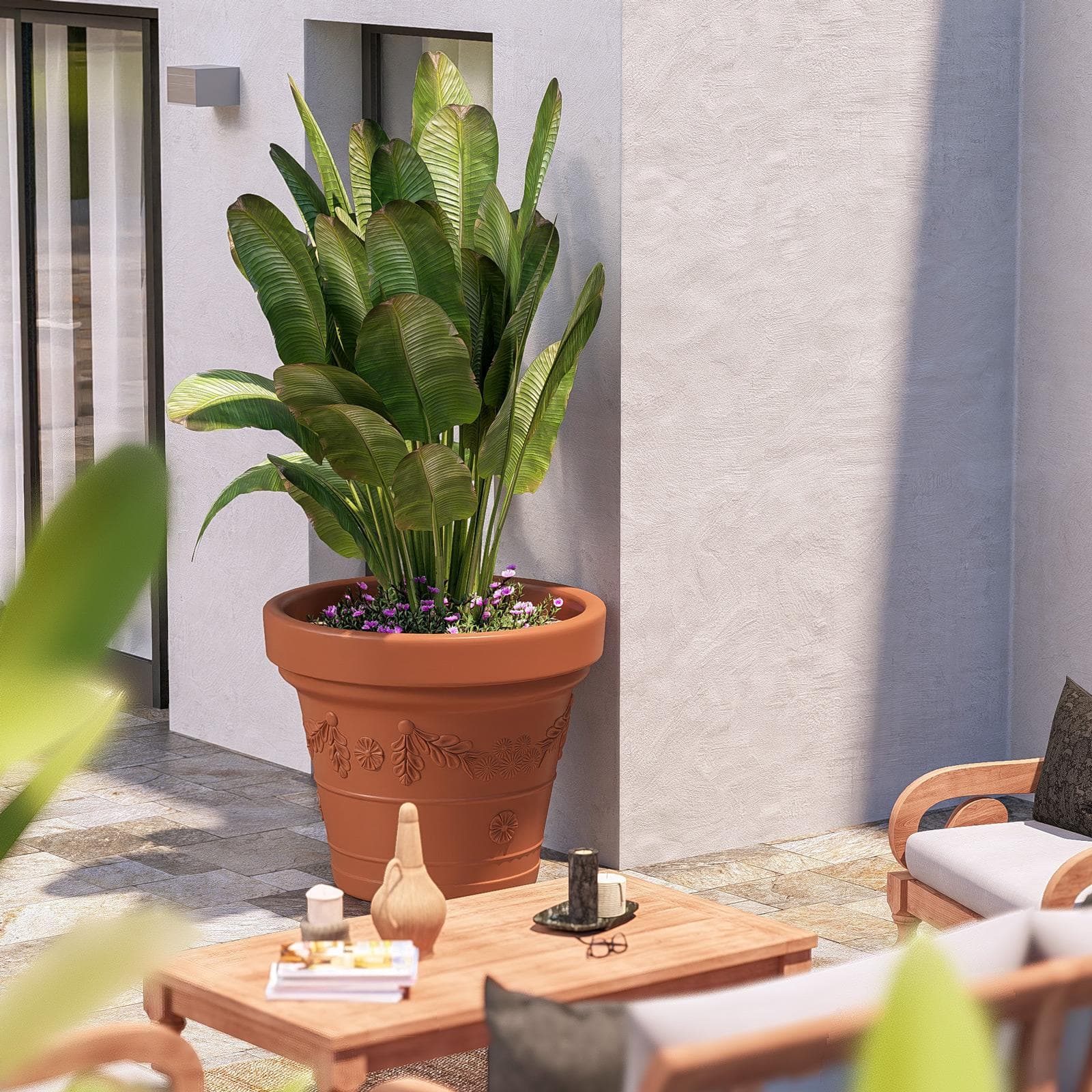 Vaso da esterno rotondo 100 cm festonato tutta capienza in polietilene terracotta - Fester