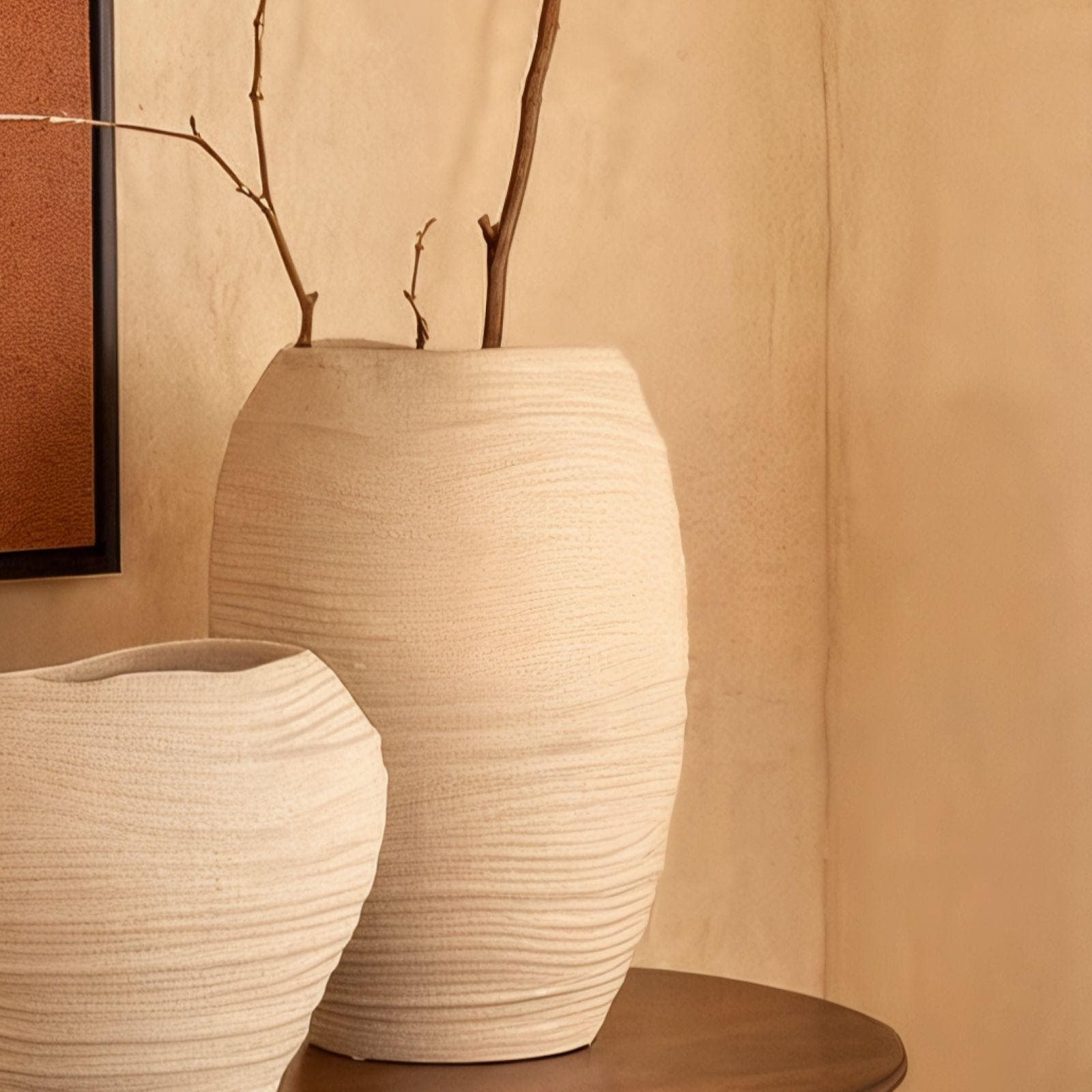 Vaso da interno 32h cm in ceramica beige con motivo in rilievo - Rudi