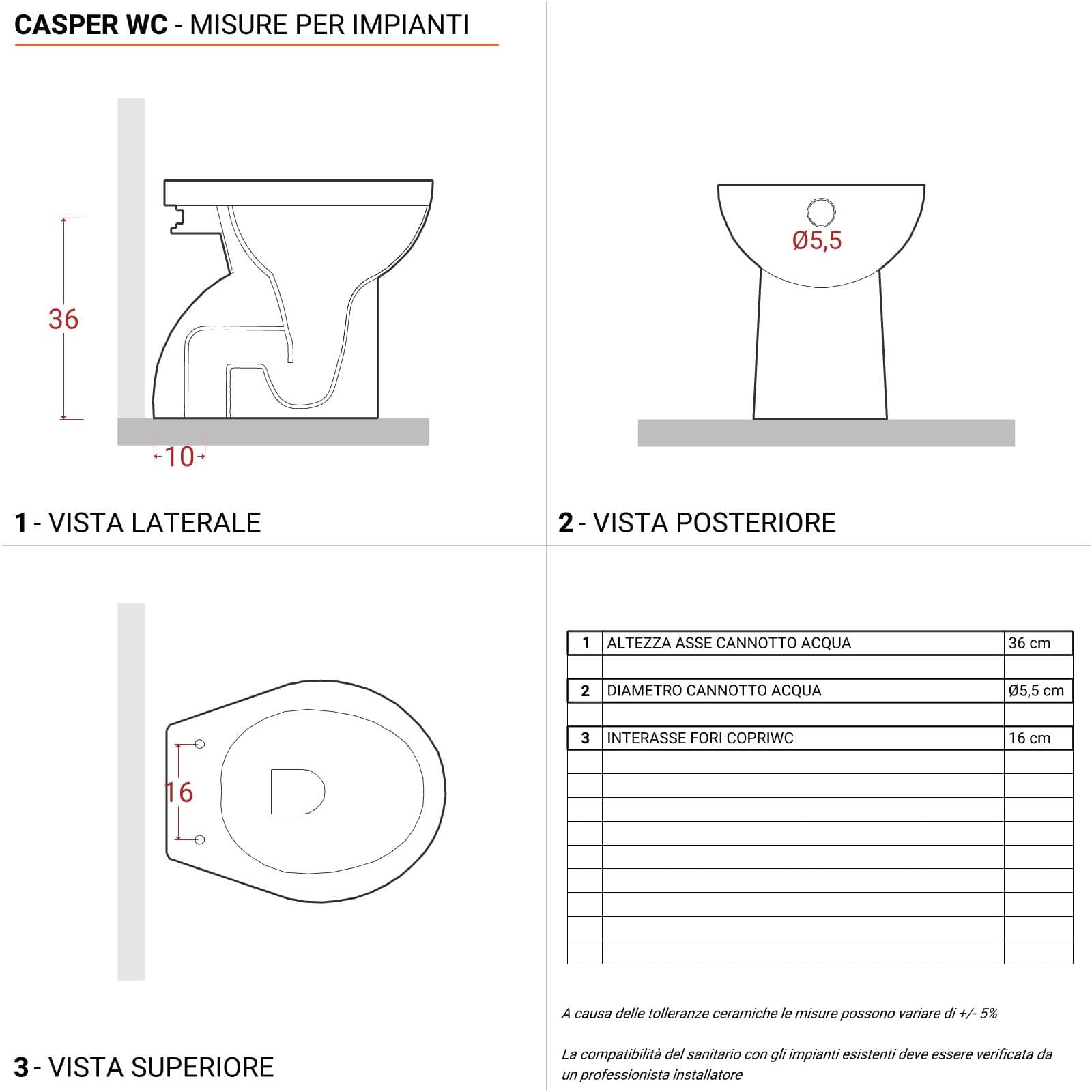 Vaso tradizionale con scarico a terra e sedile softclose bianco - Casper