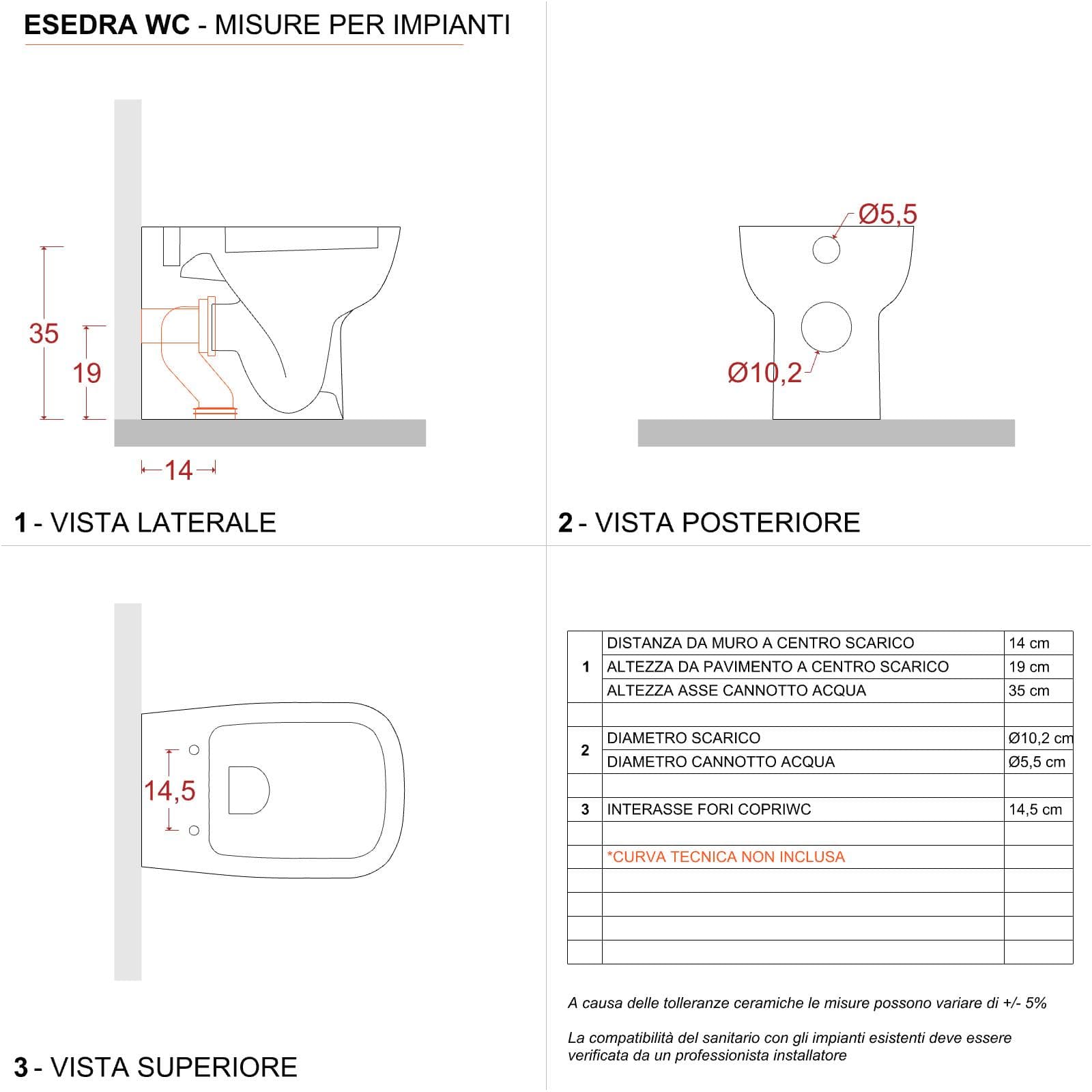 Vaso filomuro con scarico traslato completo di sedile - Esedra di Ideal Standard