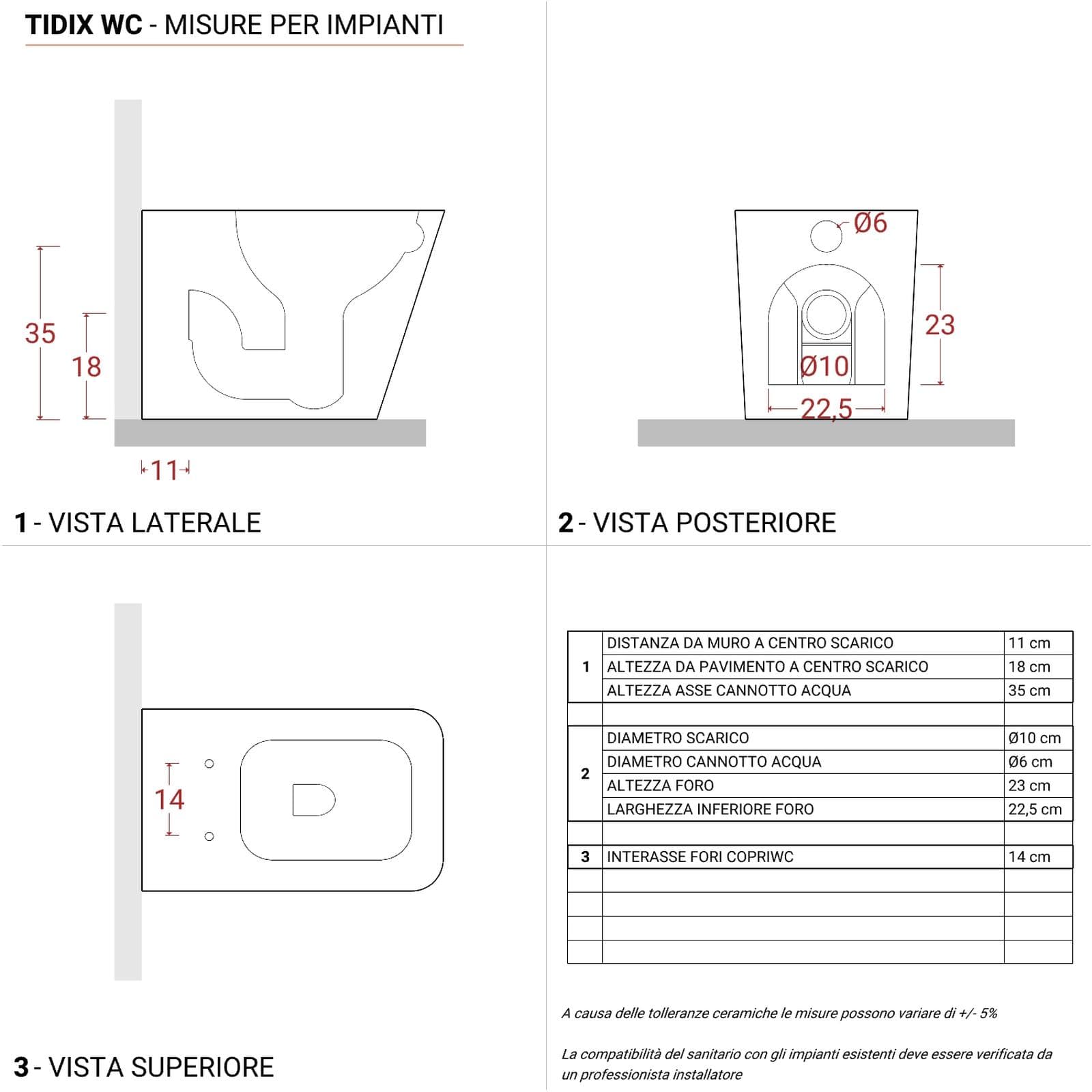 Vaso filomuro con sedile soft- close in ceramica bianca - Tidix