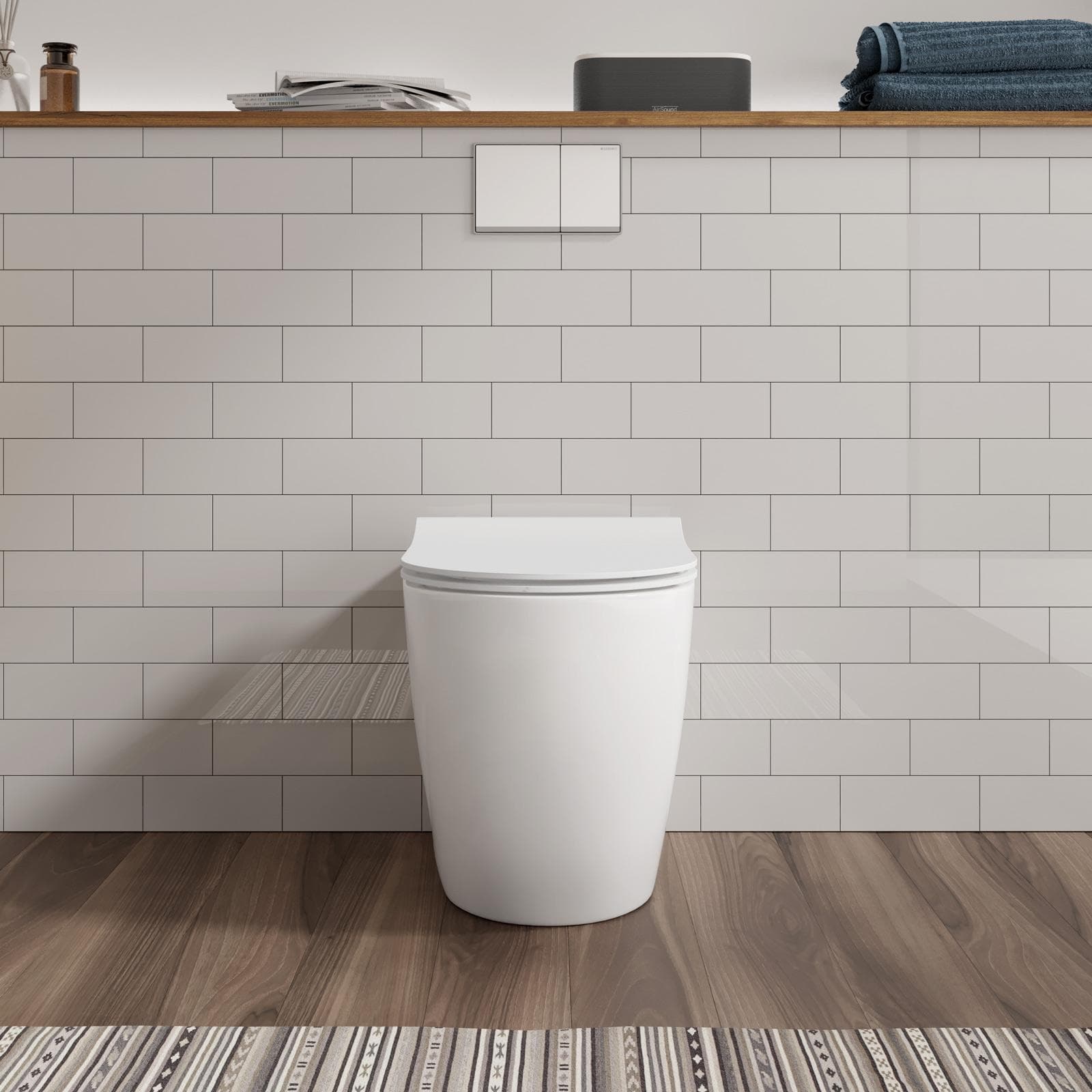 Vaso filomuro in ceramica bianco opaco con scarico traslato e copri wc - Volga Plus