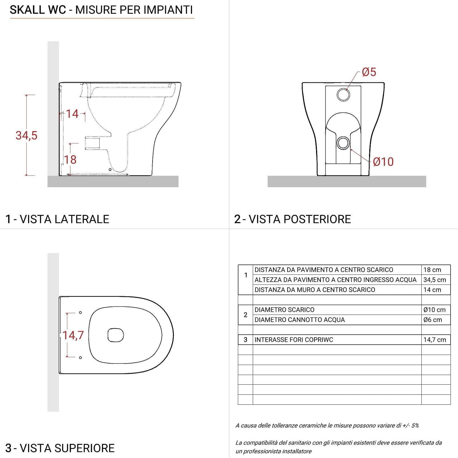 Vaso filomuro in ceramica con copriwc e bidet bianco opaco - Skall
