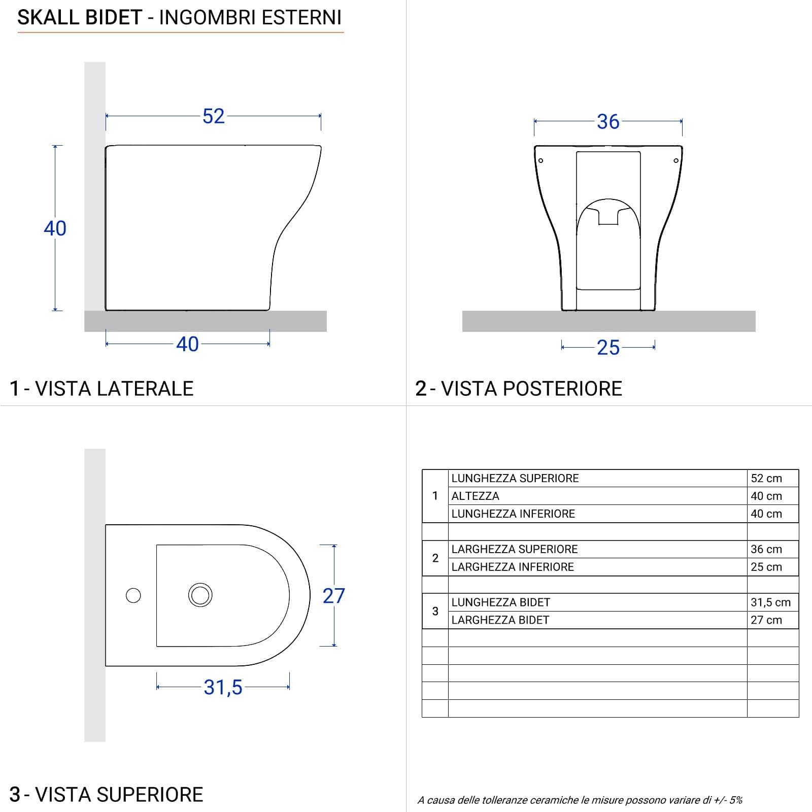 Vaso filomuro in ceramica con copriwc e bidet bianco opaco - Skall