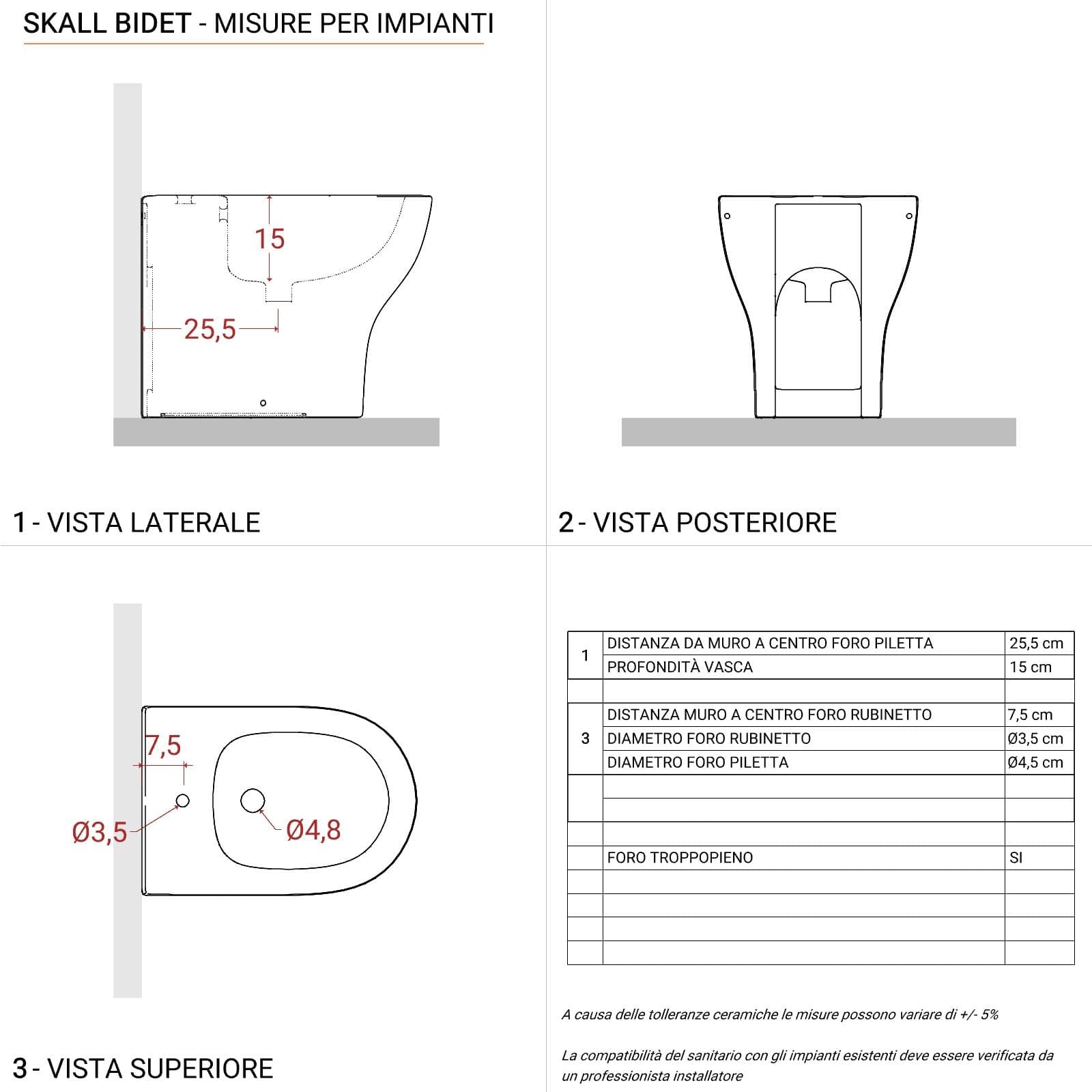 Vaso filomuro in ceramica con copriwc e bidet bianco opaco - Skall
