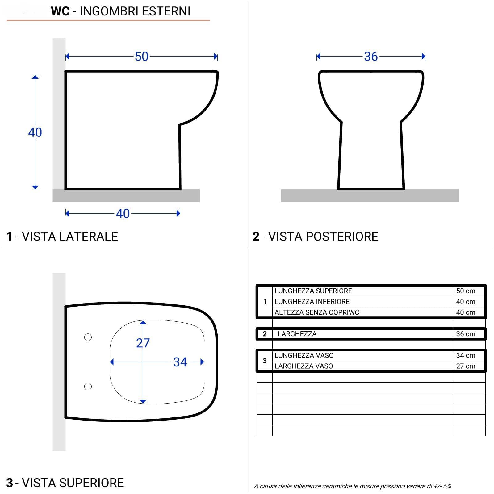 Vaso filomuro in ceramica con copriwc 35 x 40 cm wc singolo - Proven
