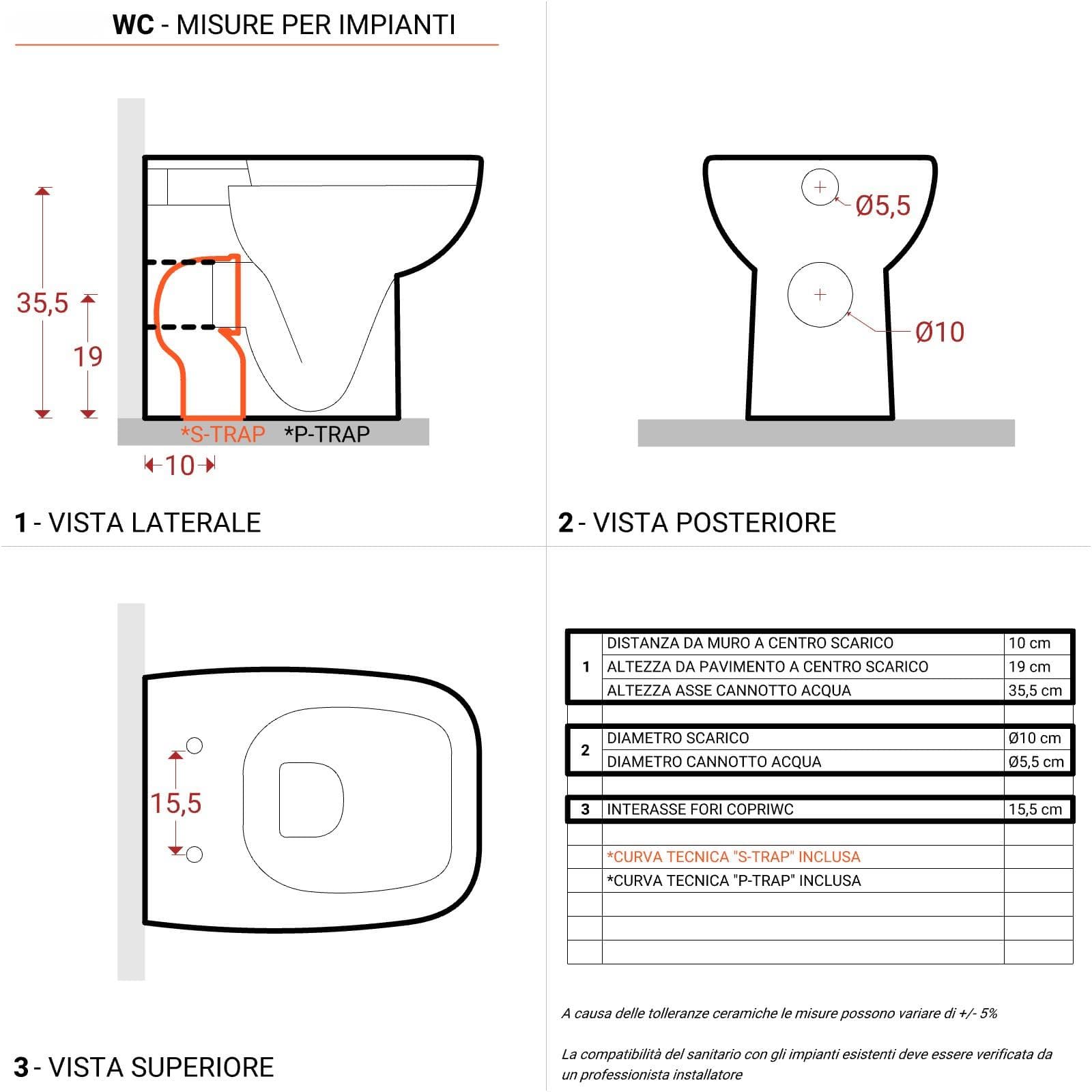 Vaso filomuro in ceramica con copriwc 35 x 40 cm wc singolo - Proven