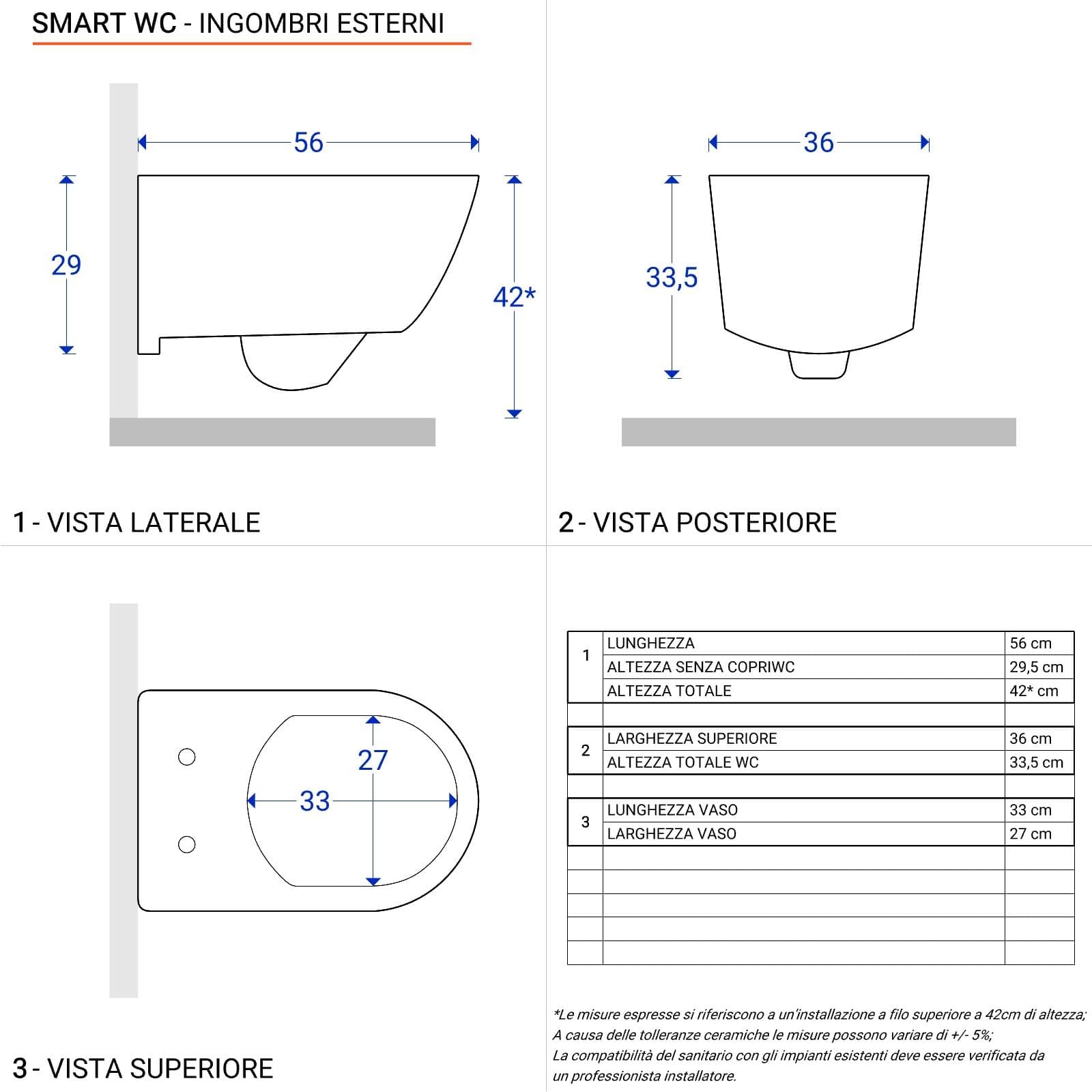 Vaso sospeso in ceramica lucida Smart con sedile soft-close