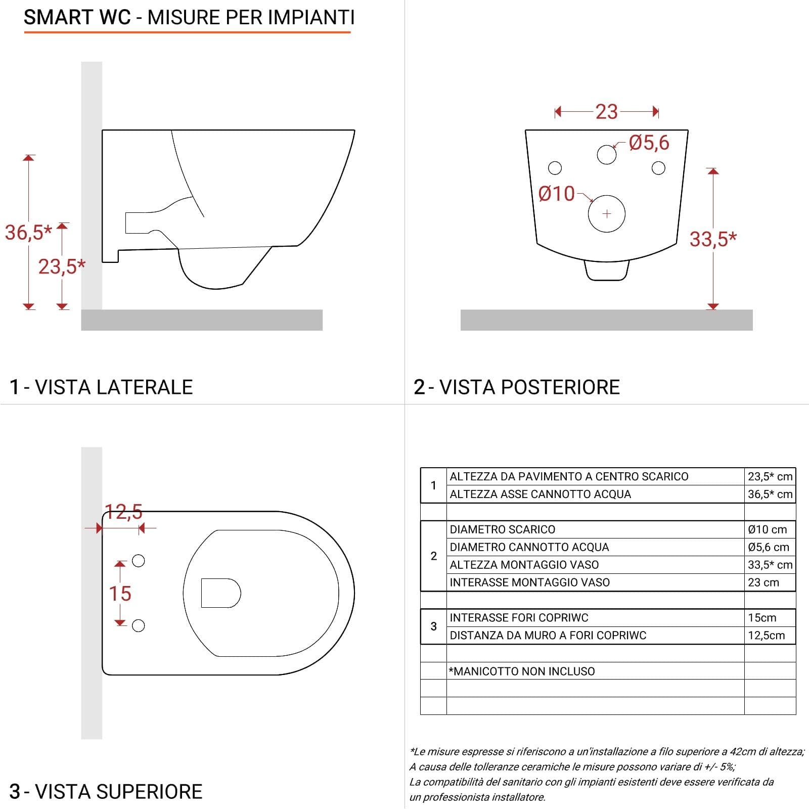 Vaso sospeso in ceramica lucida Smart con sedile soft-close