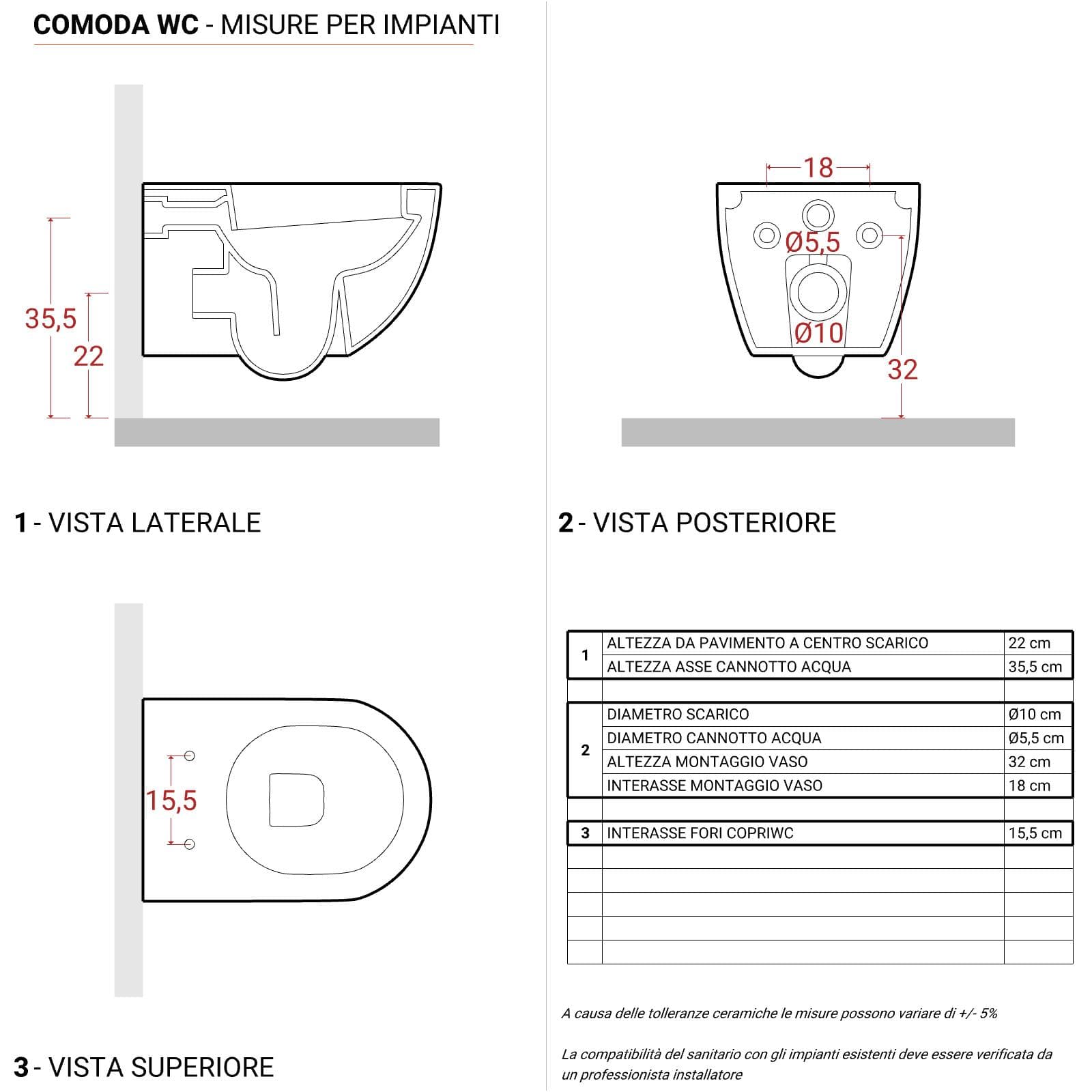 Vaso sospeso in ceramica easy clean Serie Comoda di Azzurra con copri wc Soft Close