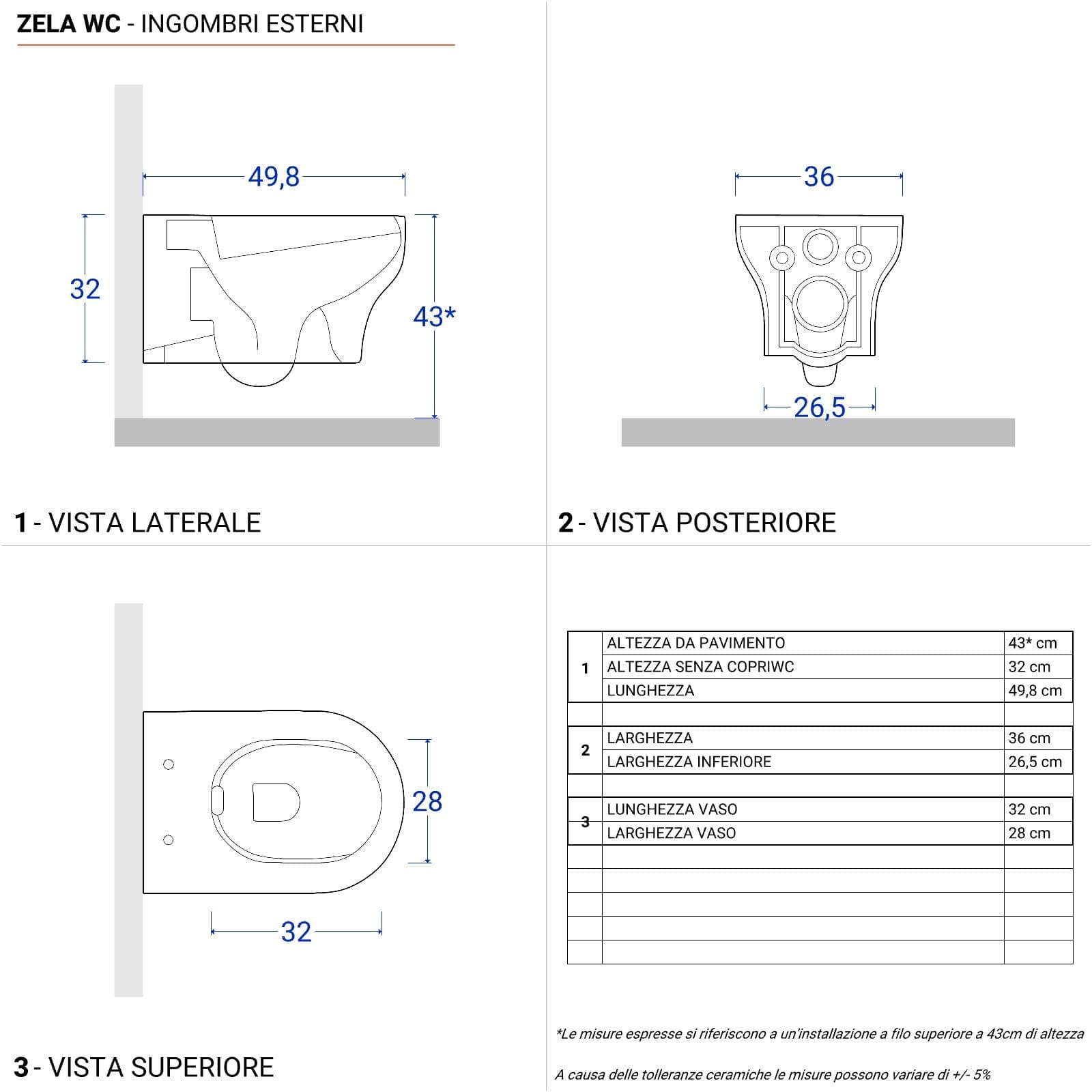 Vaso sospeso in ceramica senza brida con sedile softclose - Zela