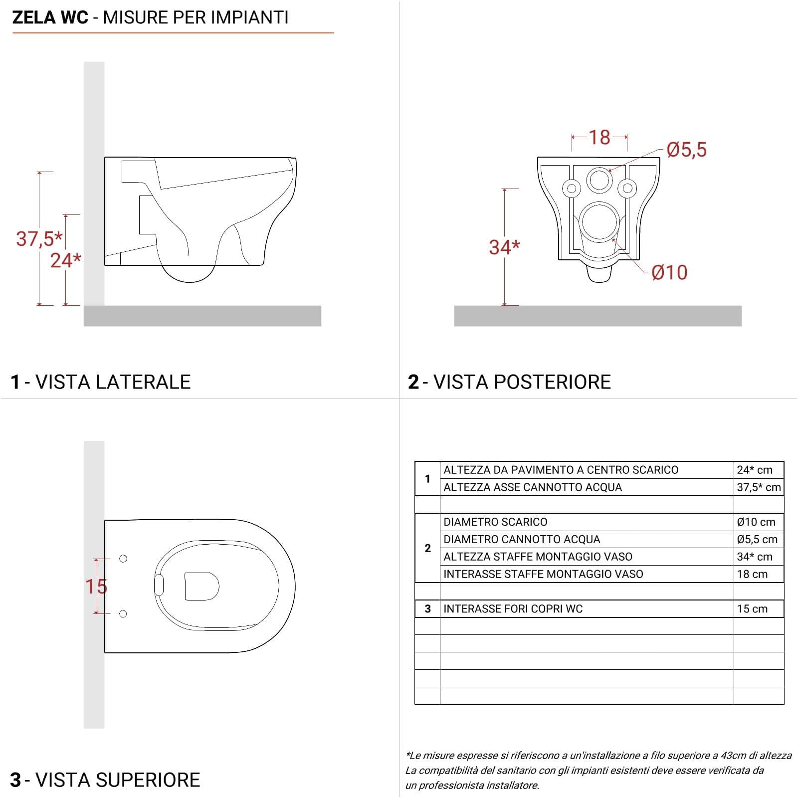 Vaso sospeso in ceramica senza brida con sedile softclose - Zela