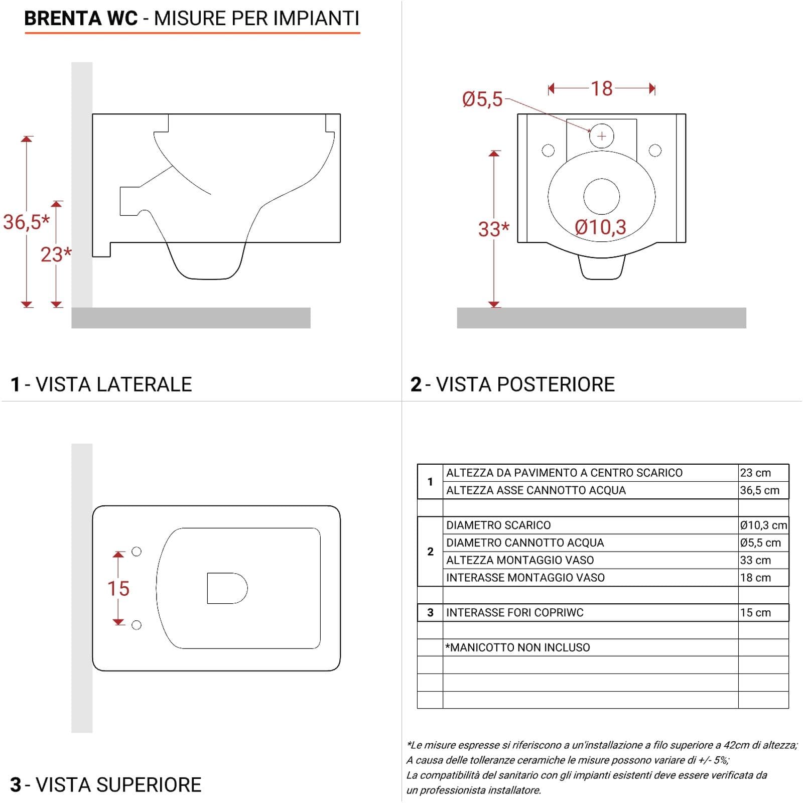 Vaso sospeso rimless Brenta ceramica bianco lucido con sedile soft-close