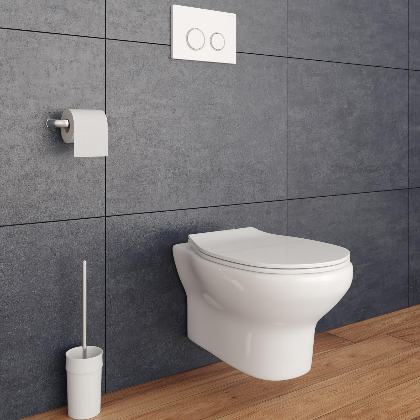 Vaso sospeso senza brida in ceramica con copriwc softclose e kit di fissaggio incluso - Misk