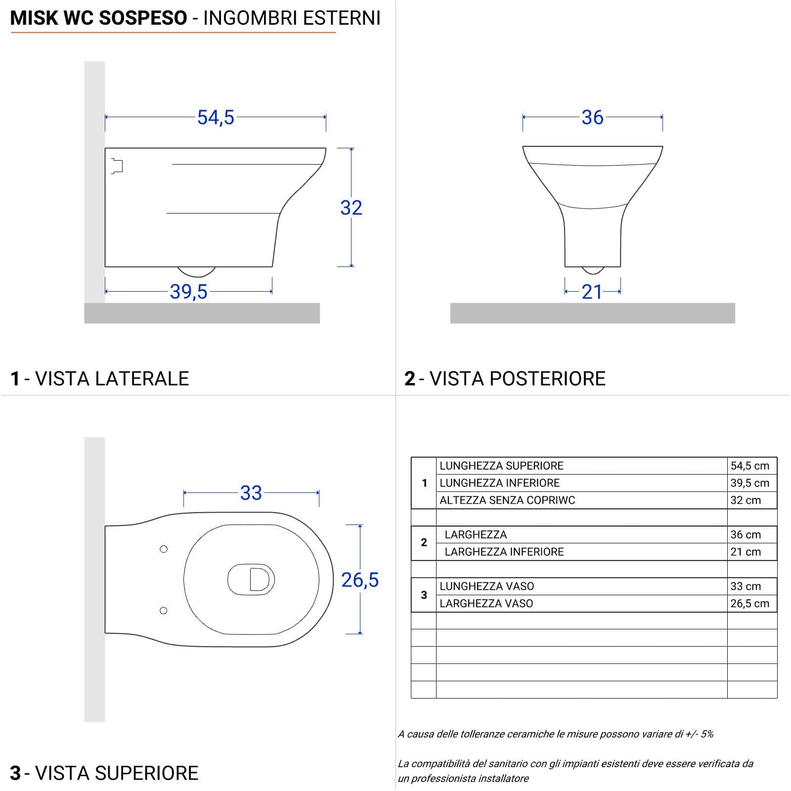 Vaso sospeso senza brida in ceramica con copriwc softclose e kit di fissaggio incluso - Misk