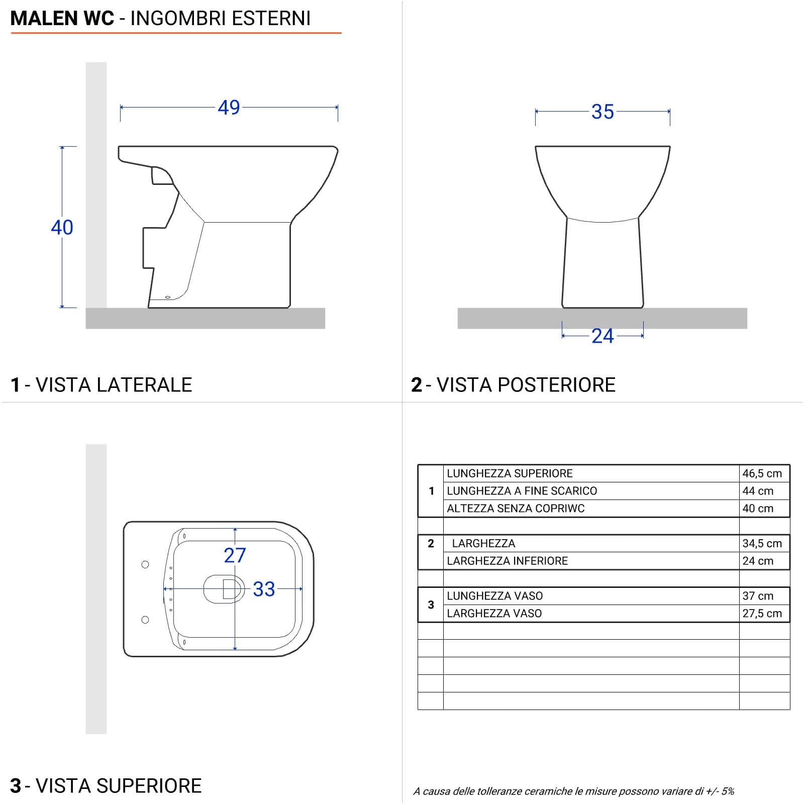 Vaso tradizionale con scarico a parete e sedile bianco - Malen