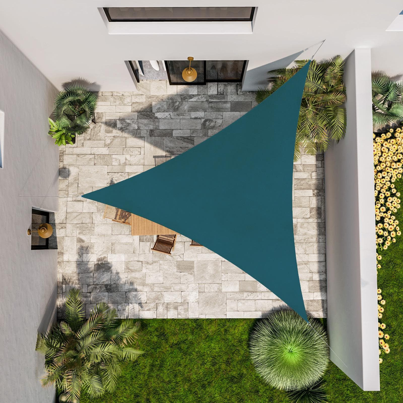 Vela da giardino triangolare 5x5x5 m in poliestere idrorepellente blu petrolio 180 gr - Solaris