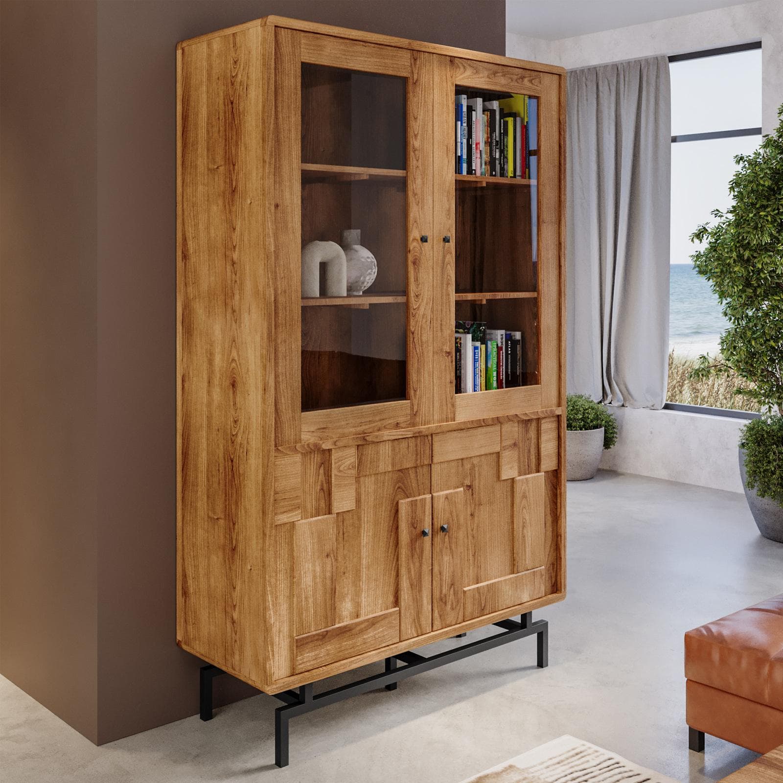 Vetrina 118x194h cm in legno di acacia e struttura in metallo nero con 4 ante - Baktu