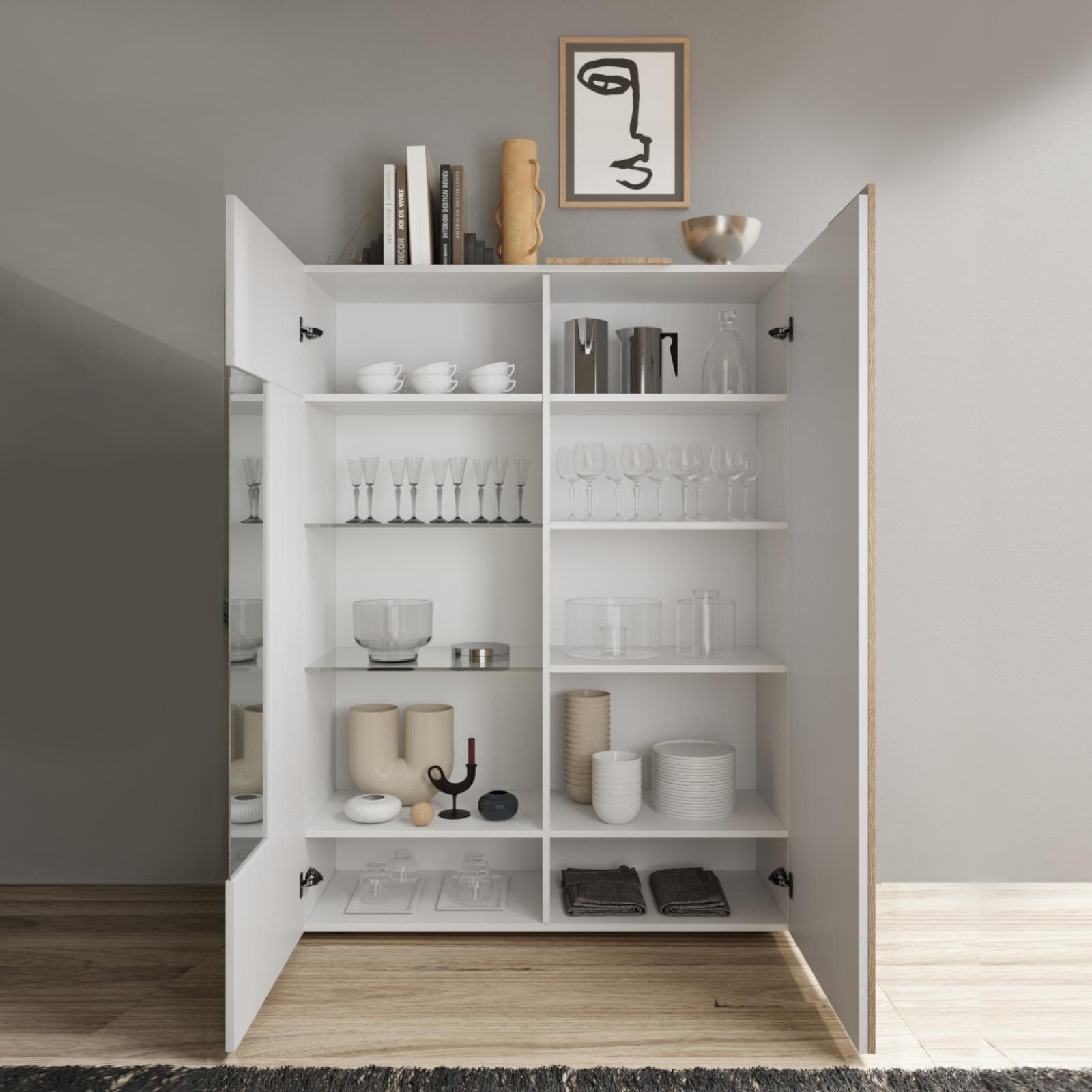 Vetrina 121 cm con due ante bianco lucido e e rovere cadiz - Kendra