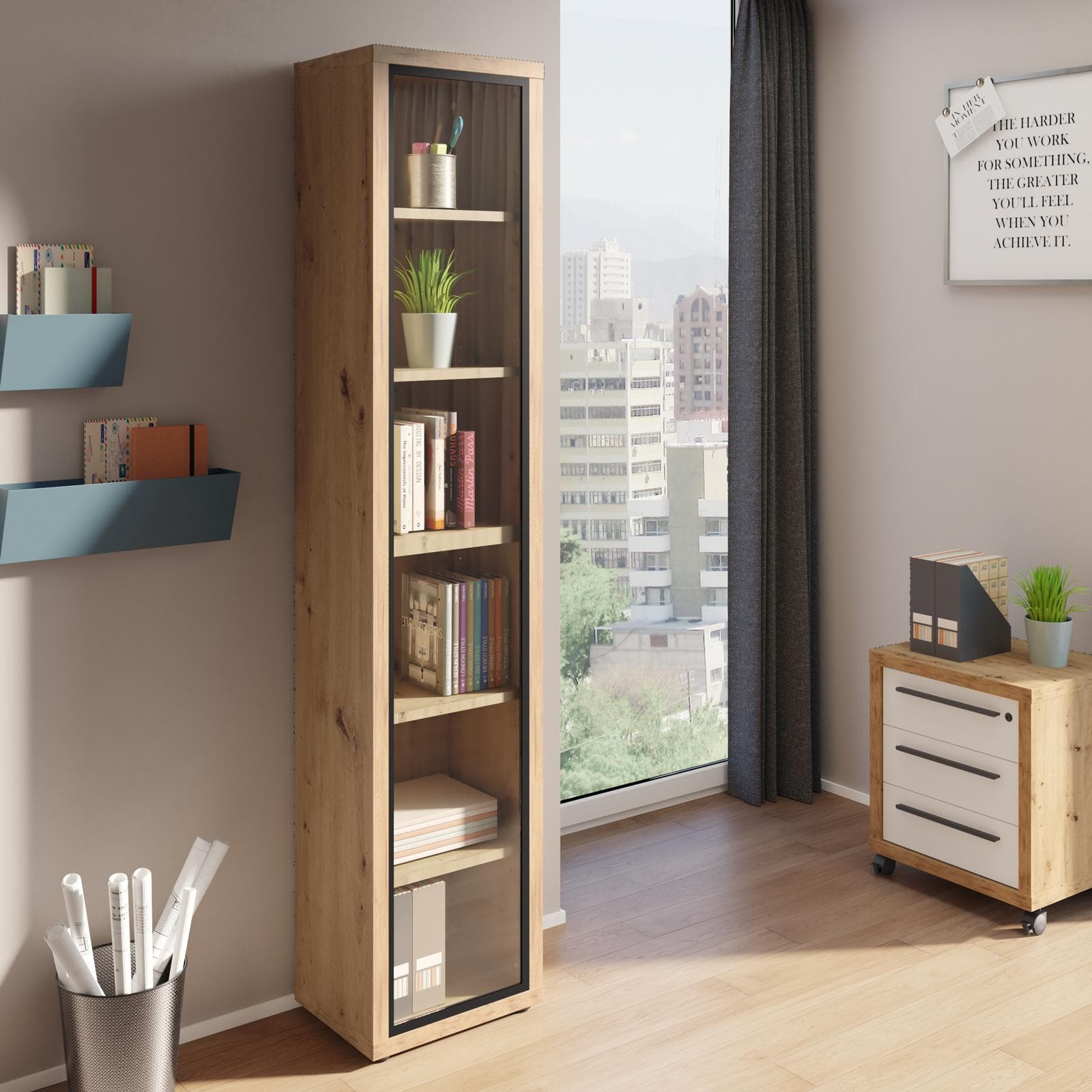 Vetrina 44x217h cm rovere artisan con anta in vetro - Homely office