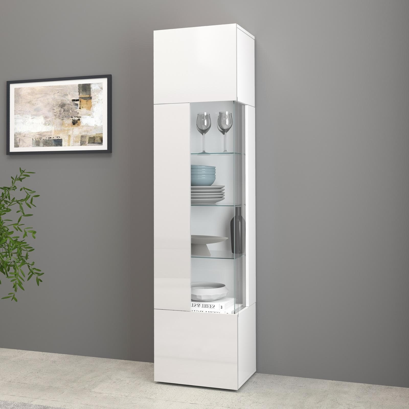 Vetrina 45x190h cm bianco lucido con 1 anta e 5 ripiani- Carim