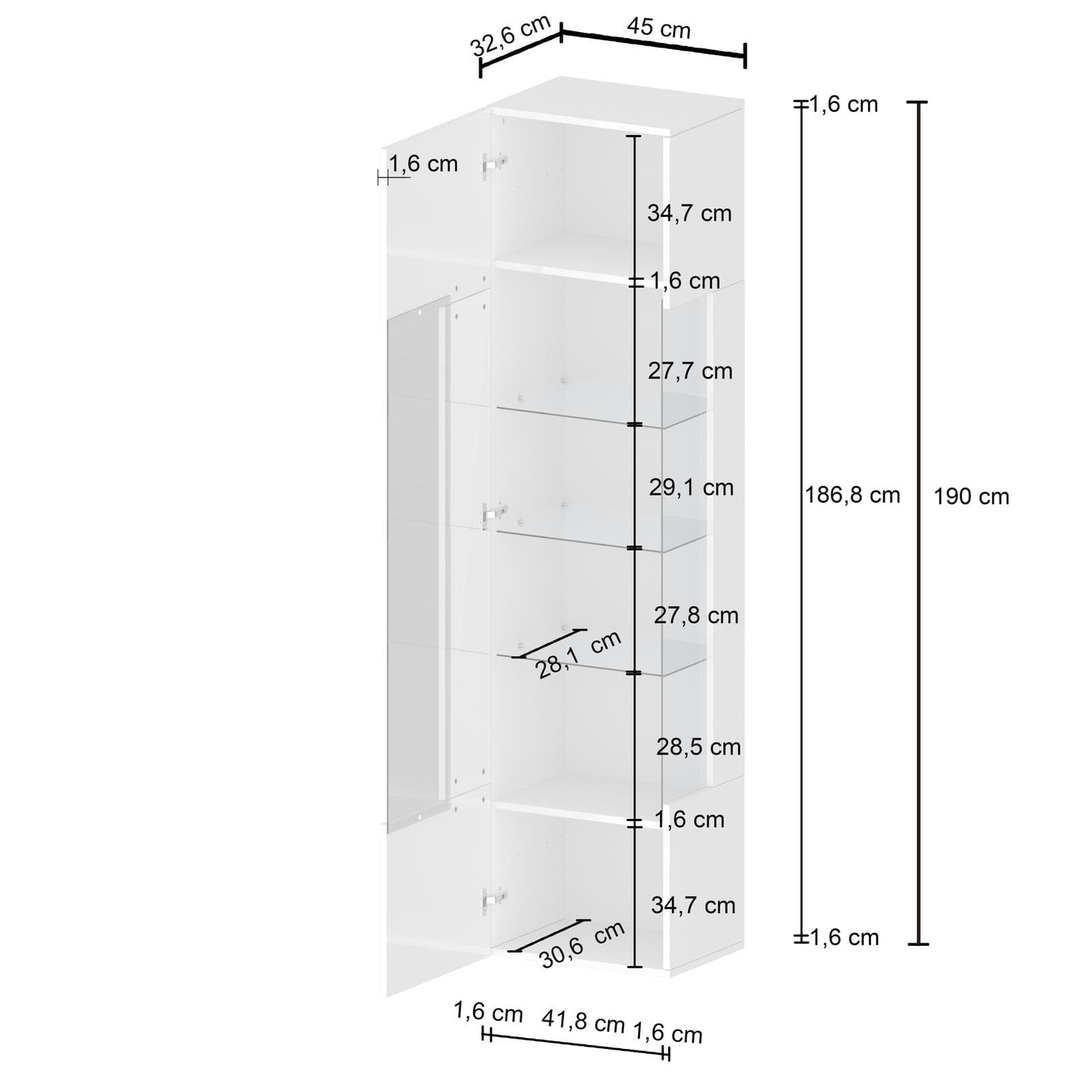 Vetrina 45x190h cm bianco lucido con 1 anta e 5 ripiani- Carim