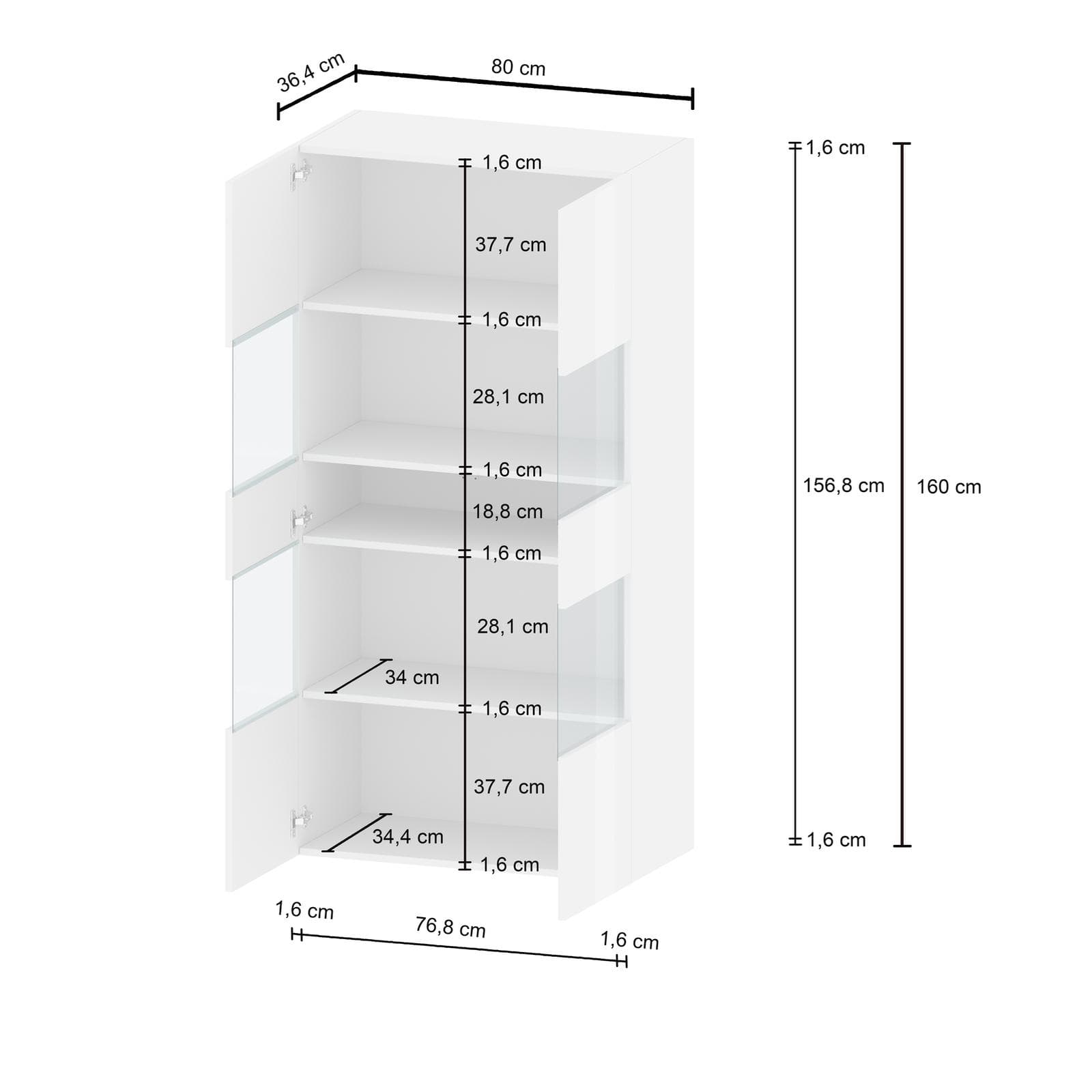Vetrina 80x160h cm bianco lucido con 2 ante e 4 ripiani- Carim