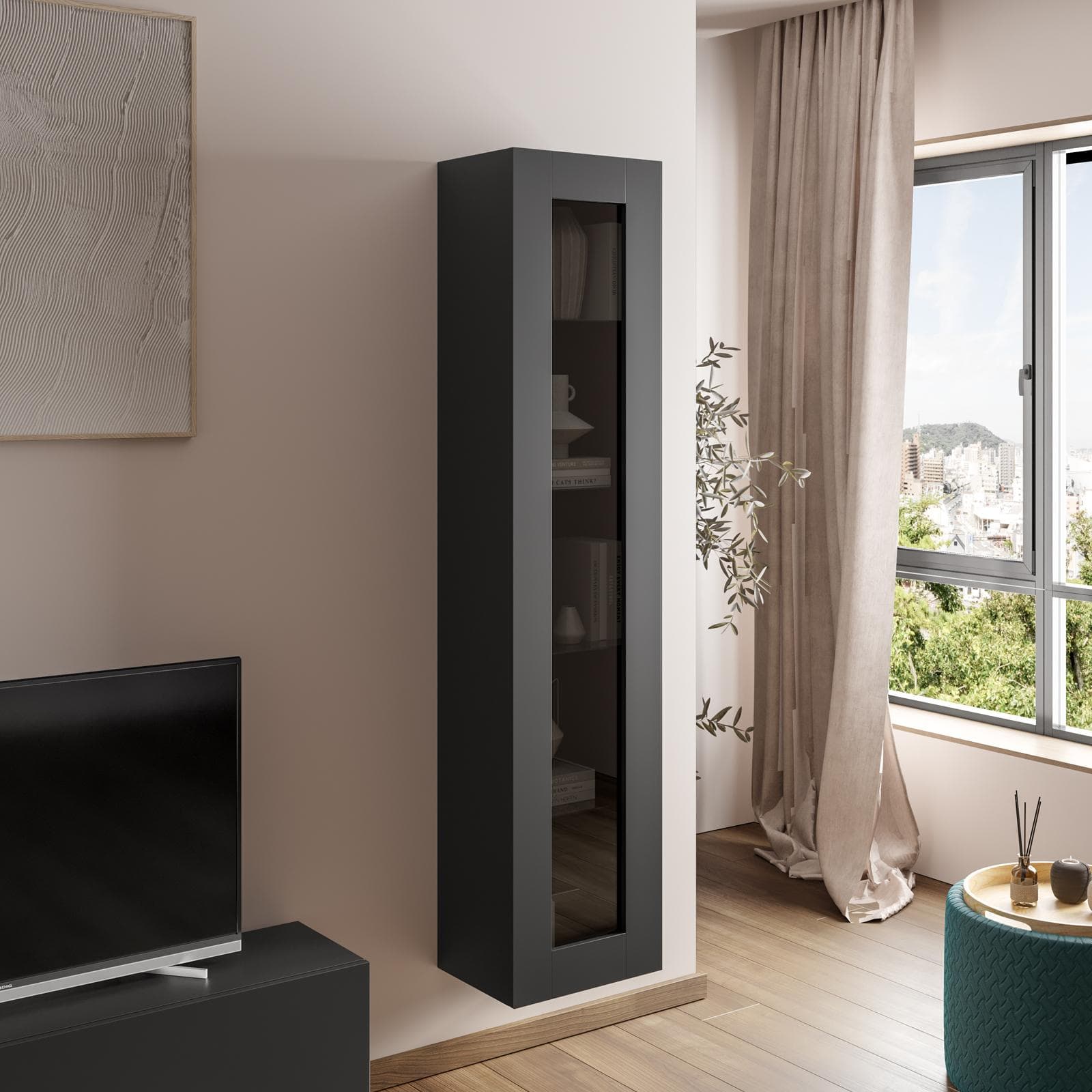 Vetrina sospesa o da terra 40x180h cm antracite opaco con anta reversibile e ripiani in vetro - Kayros
