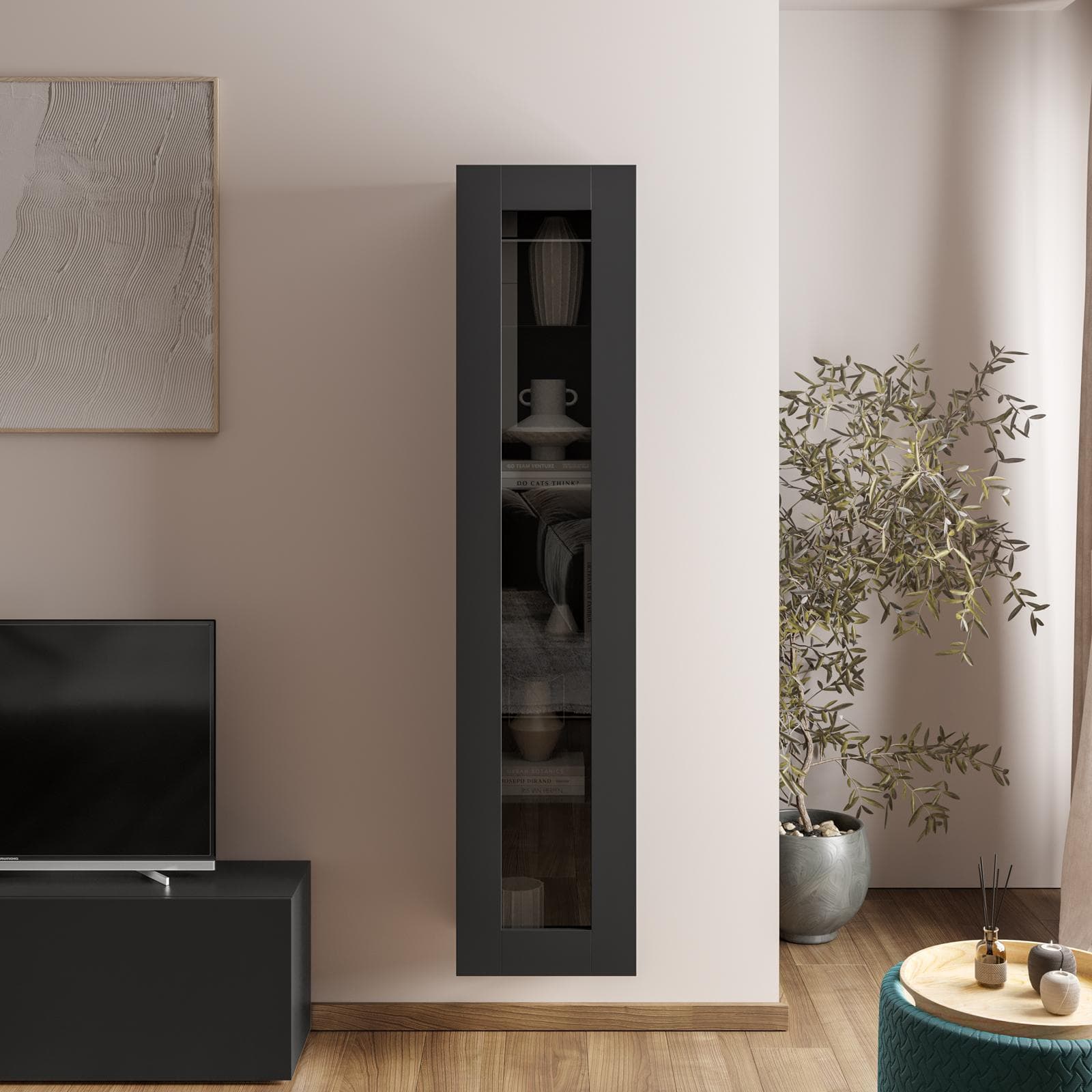 Vetrina sospesa o da terra 40x180h cm antracite opaco con anta reversibile e ripiani in vetro - Kayros